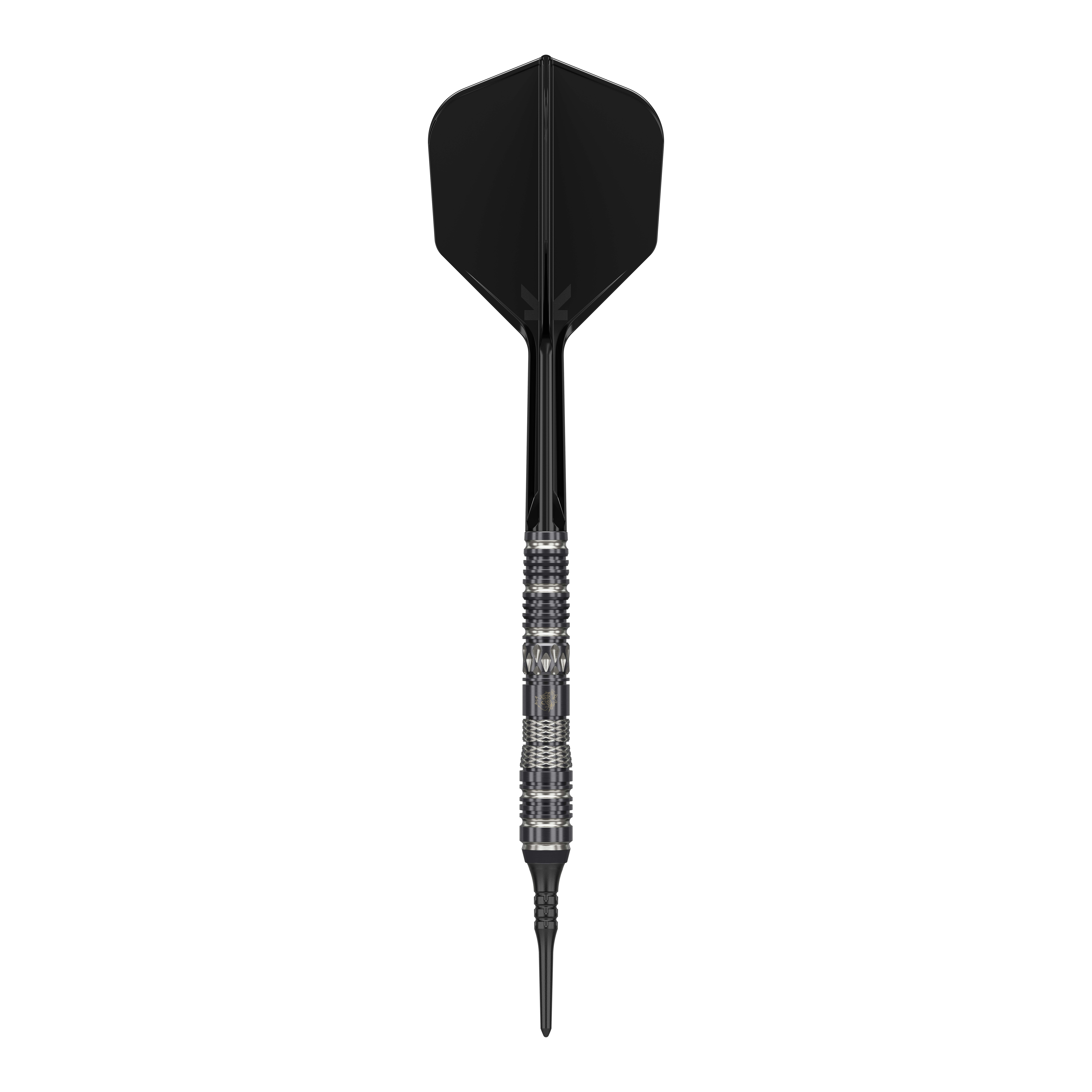 Das Bild zeigt einen schwarzen Softdartpfeil mit auffälligem silbernen Griff. Es handelt sich um das Produkt „Target Japan Black Marque Dragon 3 Softdarts - 18g“.