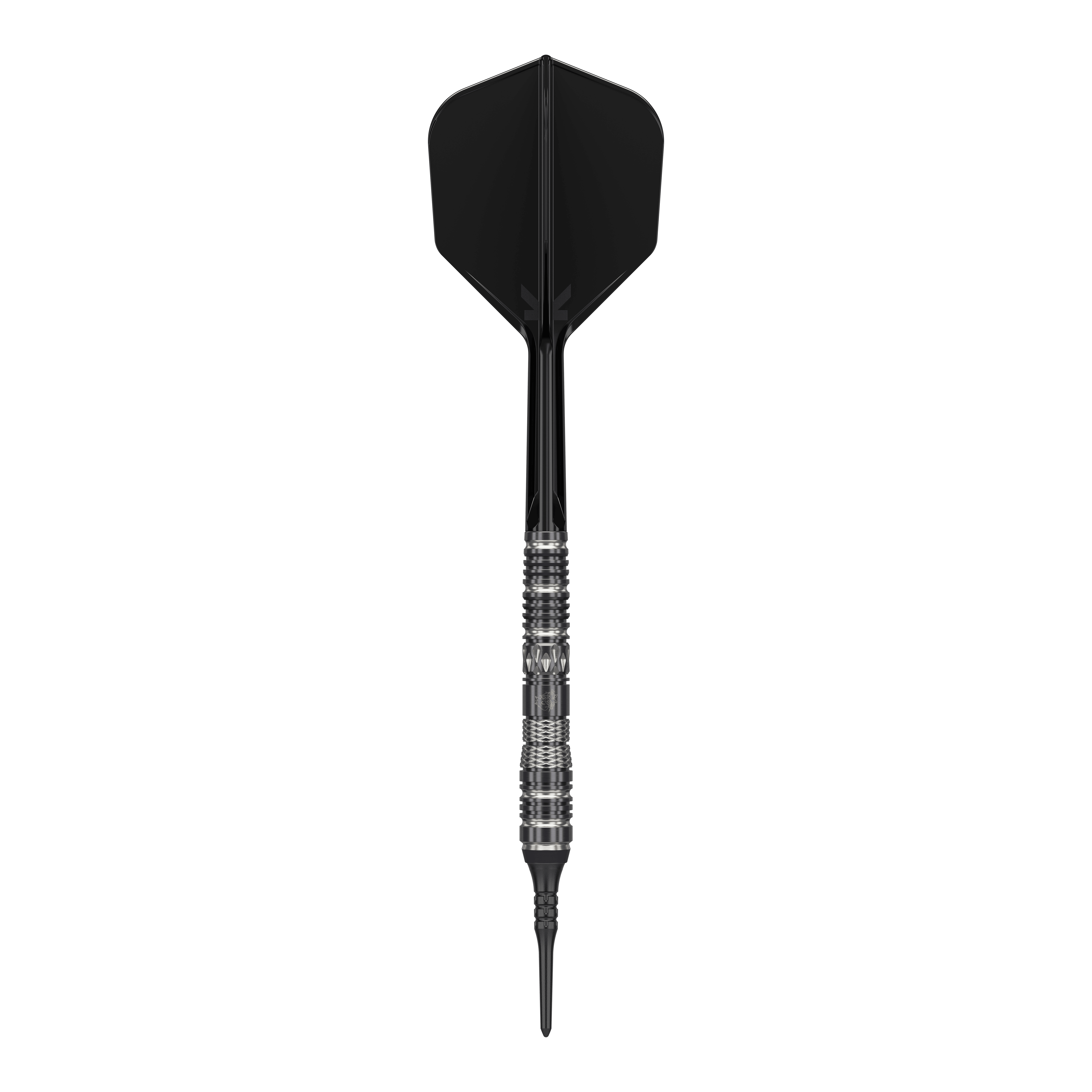 Dardos blandos Target Japan Black Marque Dragon 3 - 18 g Das Bild zeigt einen schwarzen Softdartpfeil mit auffälligem silbernen Griff. Es handelt sich um das Produkt „Target Japan Black Marque Dragon 3 Softdarts - 18g“.