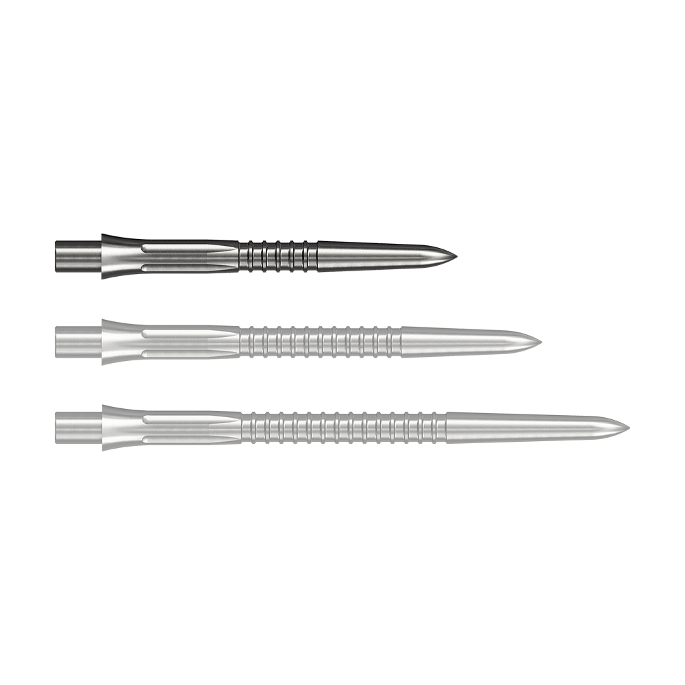 Puntas de dardos Mission Caliburn EVO GV1 - plateadas Das Bild zeigt Steeldartspitzen in Silber mit einer Länge von 26 mm. Einzelne Spitzen sind gut erkennbar dargestellt.