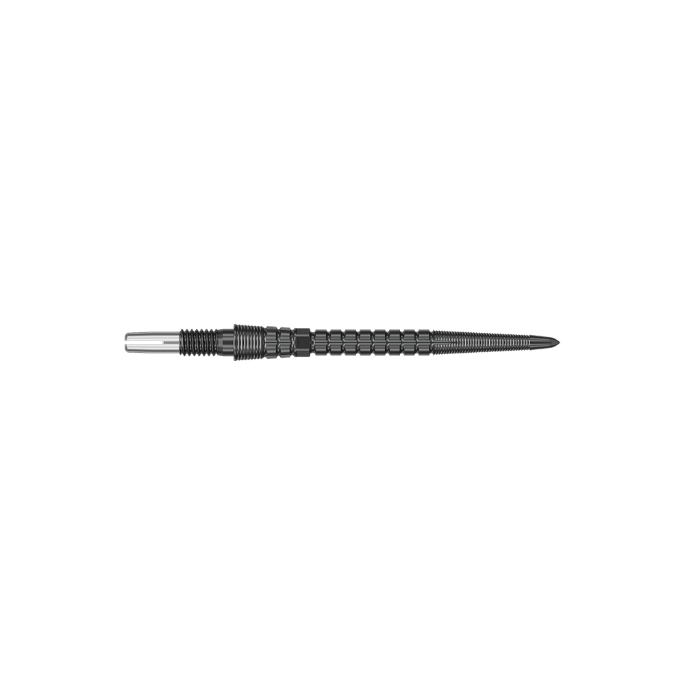 Target Chrono Swiss Storm Point Dart Tips - Black Ein schwarzes Dartspitzen-Set ist abgebildet. Die Spitzen sind in einer Reihe angeordnet.