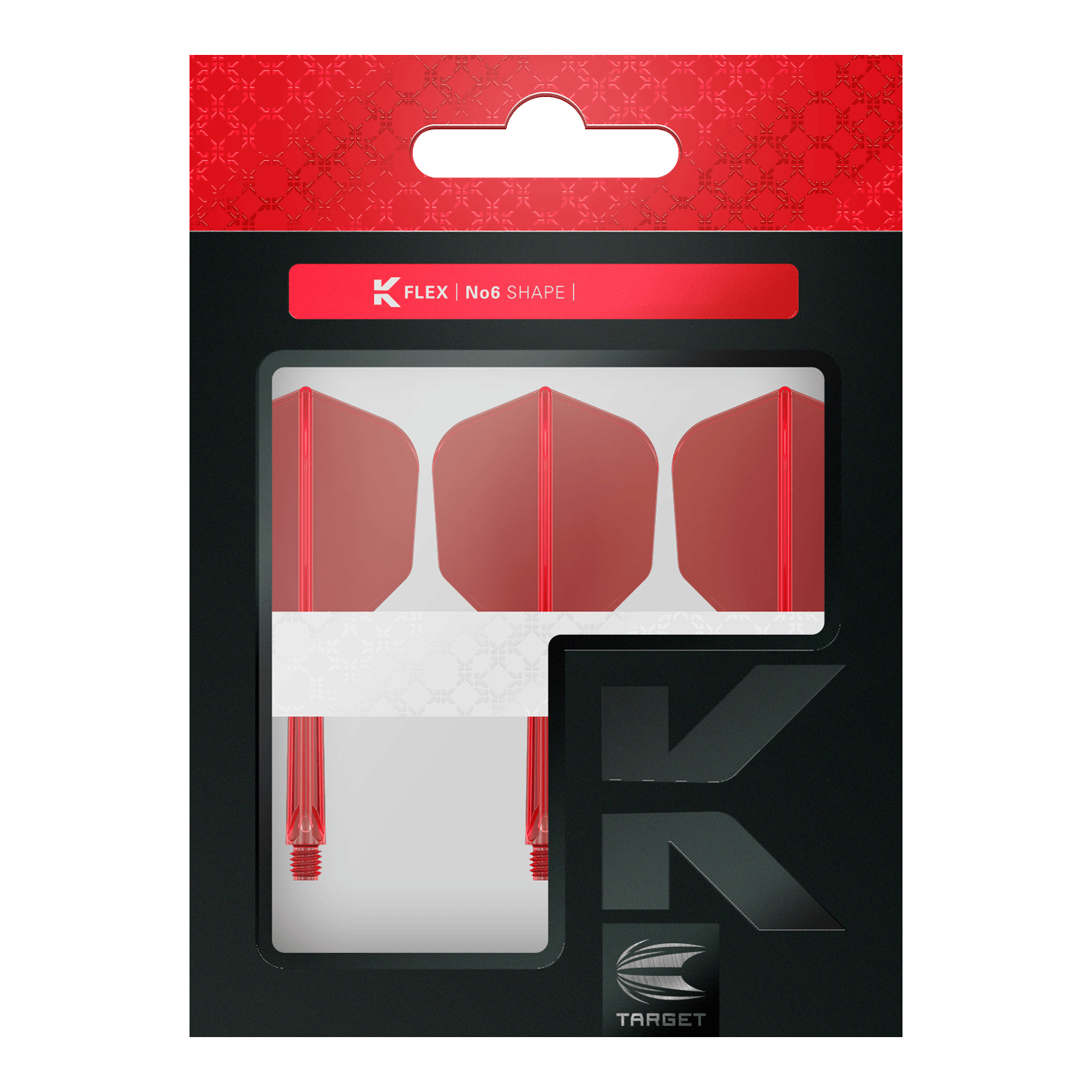 Système de vol Target K-Flex No6 - Rouge Das Bild zeigt eine Verpackung mit drei roten Dartflights und -shafts. Auf der Verpackung steht "K FLEX No6 SHAPE" und sie hat ein modernes Design mit Rot und Schwarz.