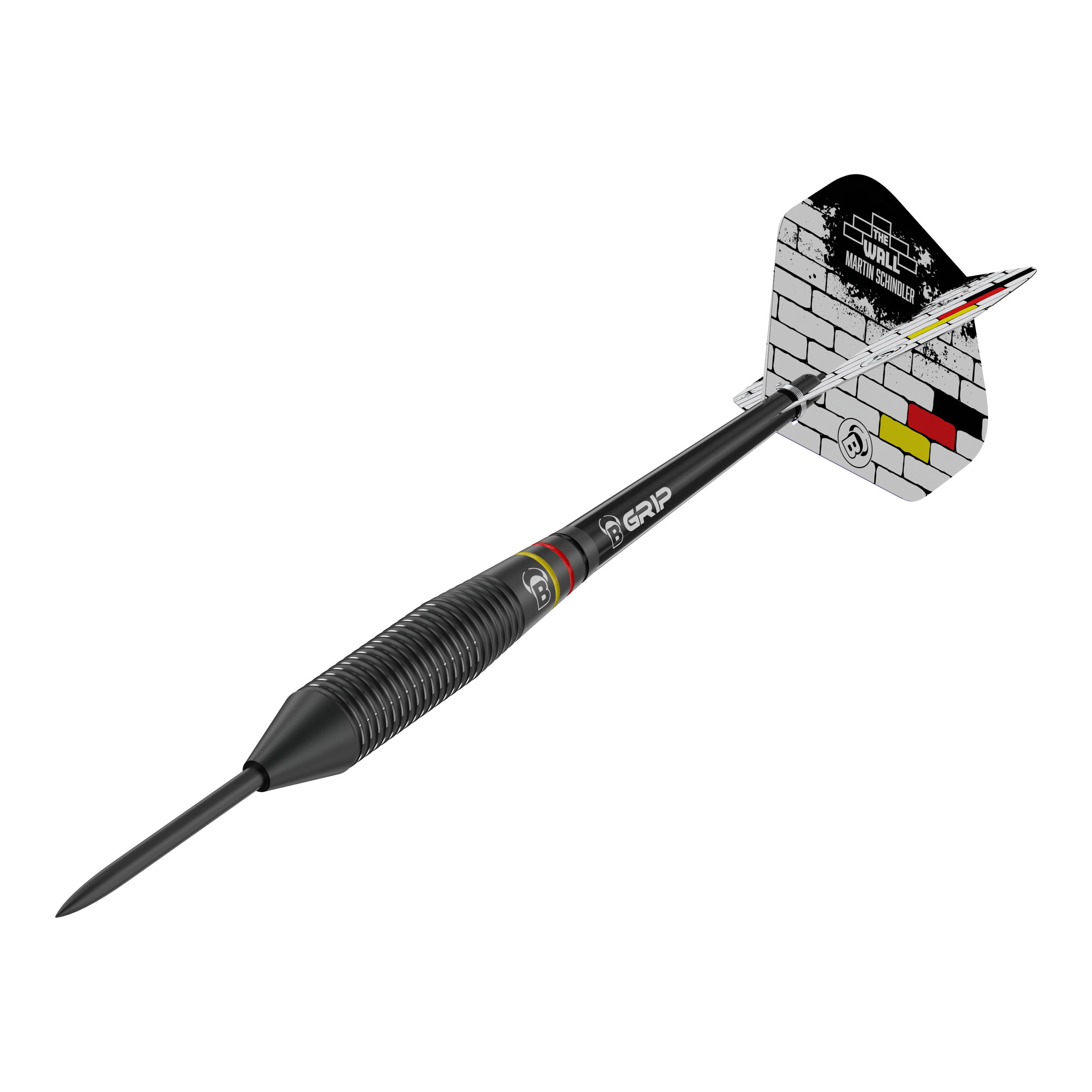Býci Martin Schindler The Wall Černé mosazné ocelové šipky Auf dem Bild ist ein schwarzer Steeldart mit der Aufschrift "Bulls Martin Schindler The Wall Black Brass Steeldarts" zu sehen. Die Flights zeigen ein Ziegelsteinmuster mit Schwarz-Rot-Goldenen Akzenten.