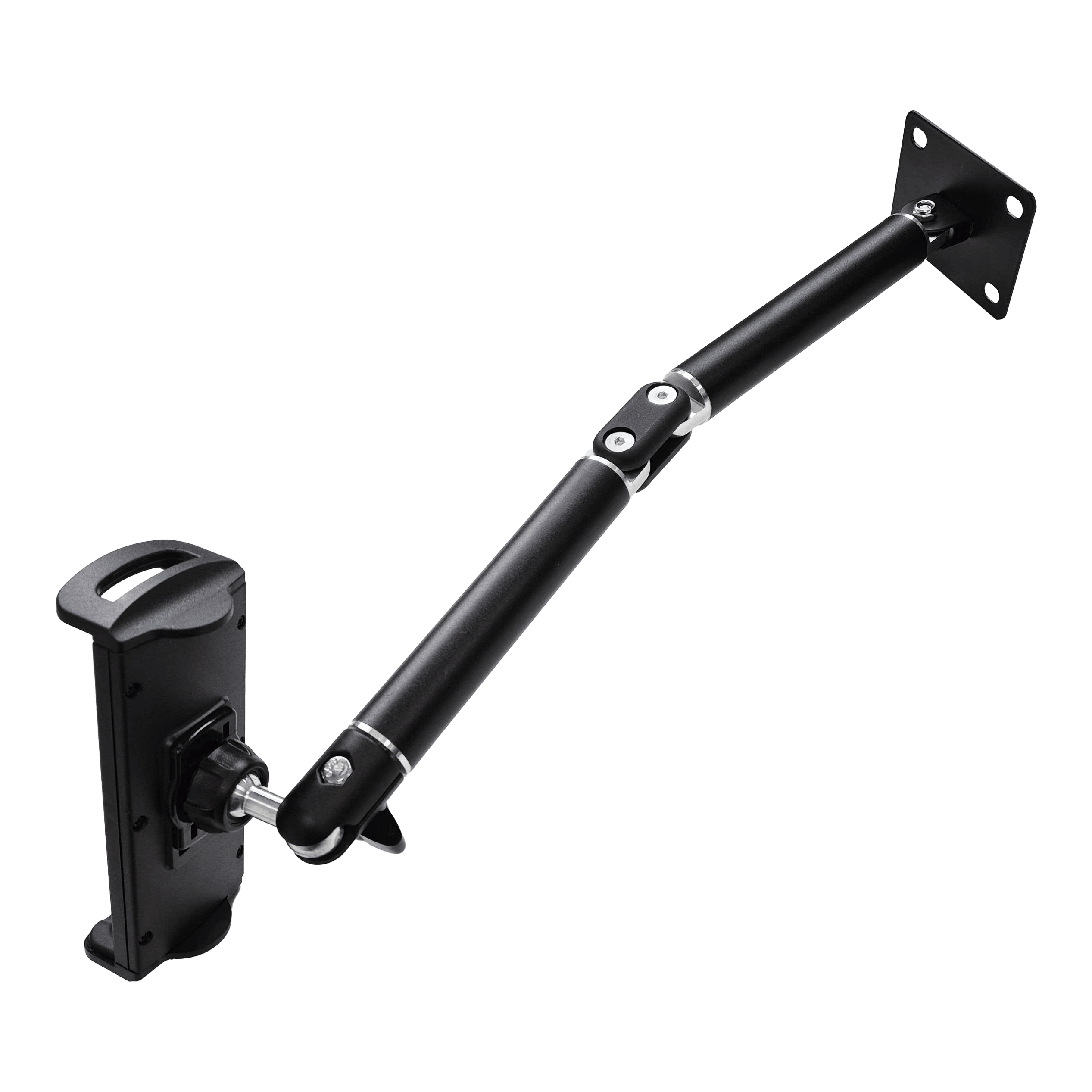 Nástěnný držák tabletu McDart TABFlex s flexibilním ramenem Dieses Bild zeigt die McDart TABFlex Tablet Wandhalterung mit flexiblem Arm. Die Halterung ist schwarz und lässt sich an der Wand befestigen, um ein Tablet flexibel auszurichten.