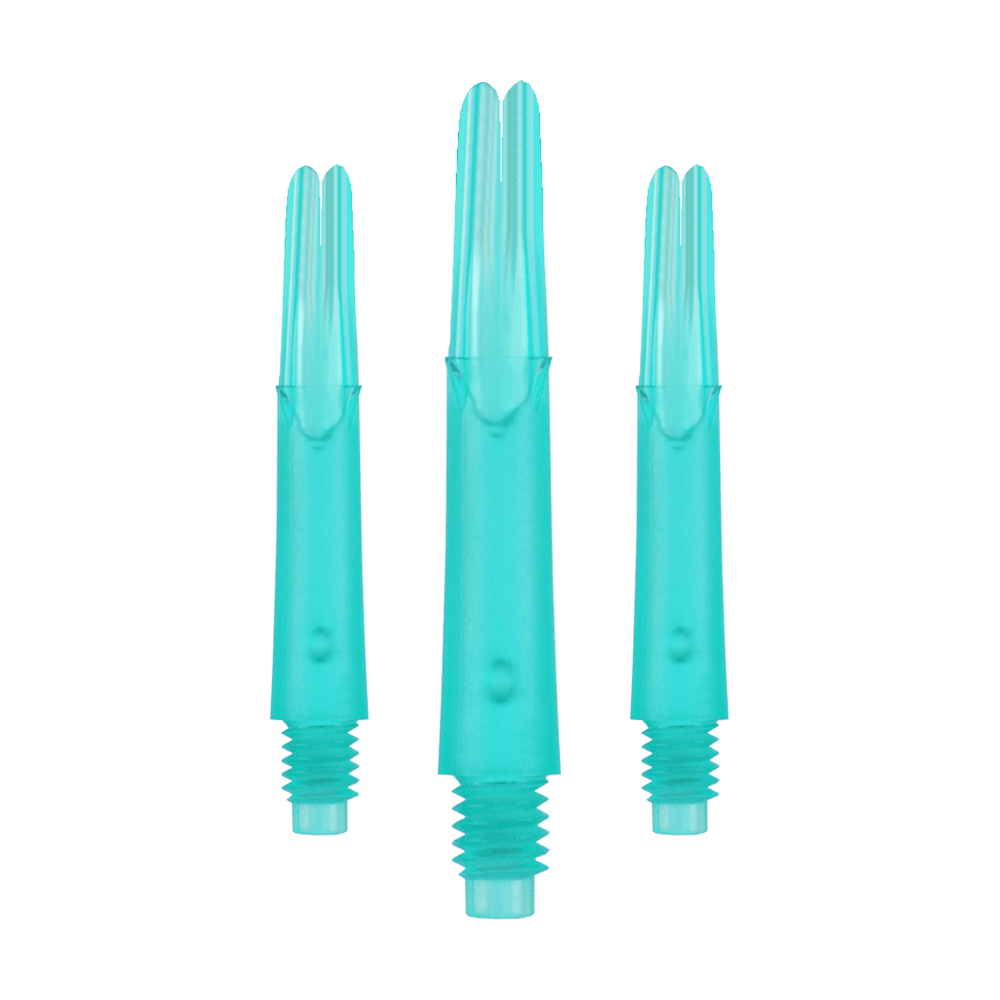 L-L-Style-Shafts Uzamčené rovné - Emerald Das Bild zeigt drei türkisfarbene Dartshafts aus Kunststoff in einer Reihe. Sie haben ein gerades Design und sind unten mit einem Gewinde versehen.
