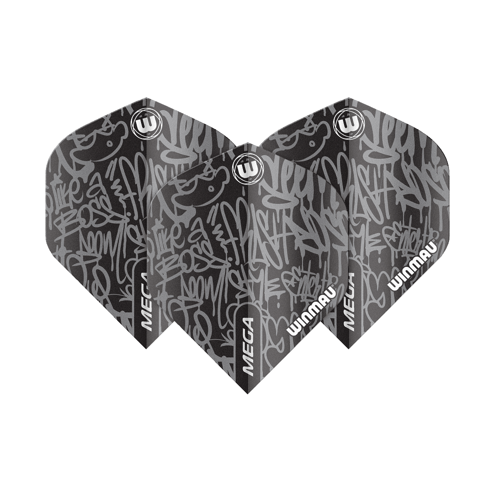 6900-244_Winmau_Mega_Black_Standard_Flights_1je56KLPgBar2G Das Bild zeigt die Winmau Mega Black Standard Flights mit einem modernen, schwarzen Graffiti-Design. Auf den Flights sind die Worte "MEGA" und "WINMAU" in Weiß zu sehen.