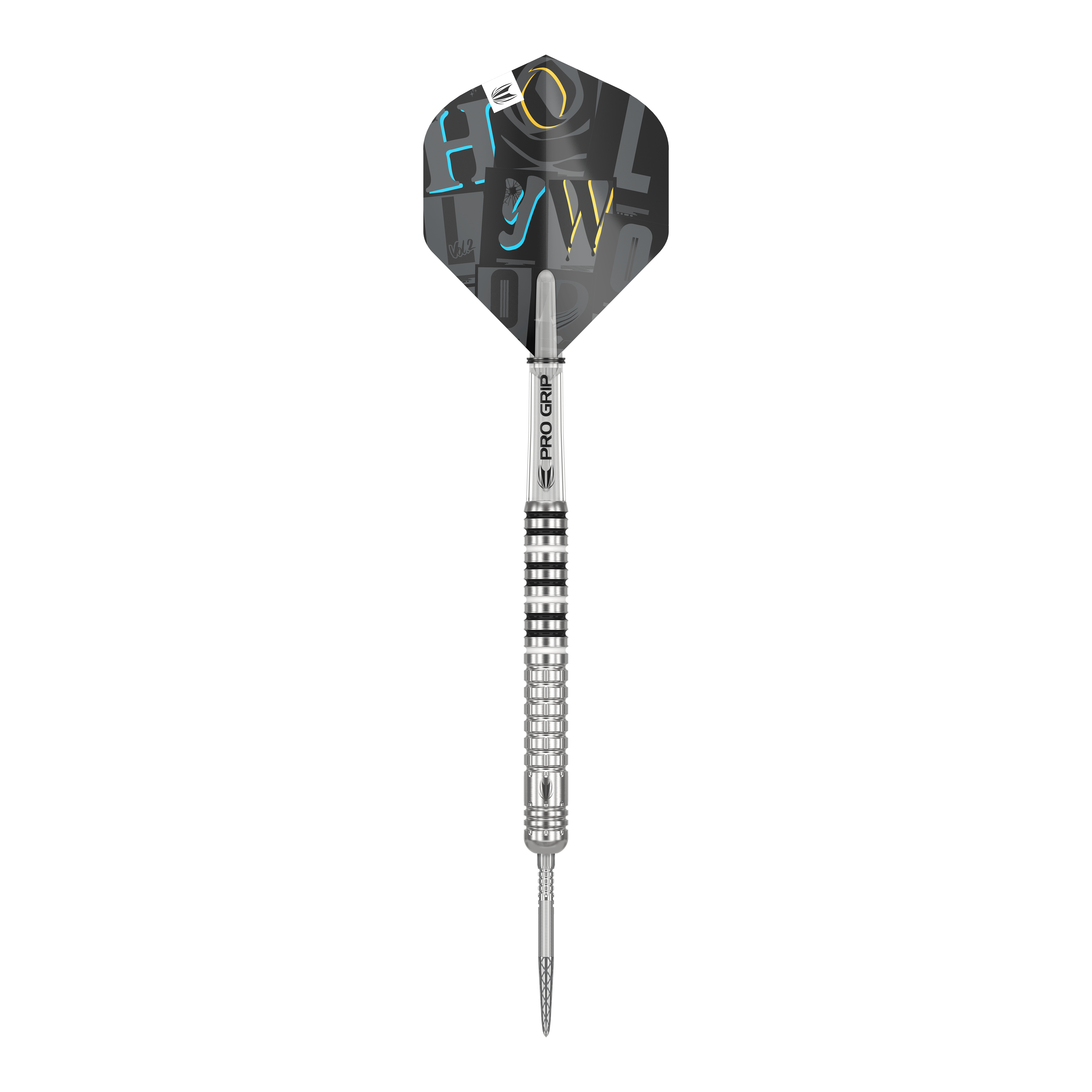 Target Chris Dobey GEN1 Swiss Point Steeldarts Das Bild zeigt einen silbernen Steeldartpfeil mit einer schwarzen Flight und dem Aufdruck "PRO GRIP" auf dem Schaft. Der Flight hat farbige Buchstaben in Blau, Gelb und Weiß aufgedruckt.