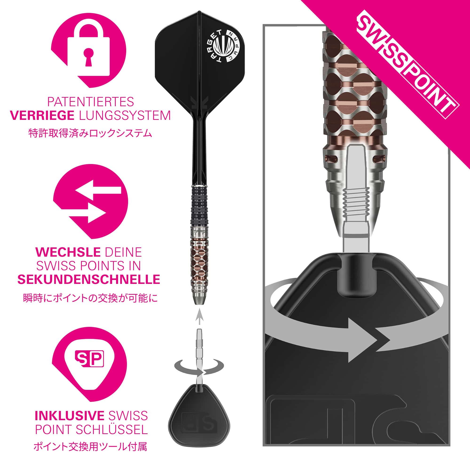 Target Japan Charis GEN6 Swiss Point Steeldarts - 23g Das Bild zeigt die Target Japan Charis GEN6 Swiss Point Steeldarts, 23g. Diese Darts sind für professionelle Spieler geeignet und sehen hochwertig aus.