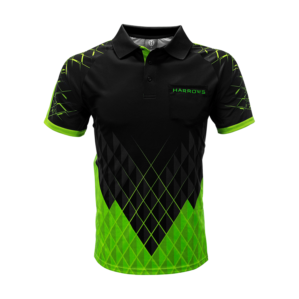 HRS-26333_Harrows_Paragon_Dartshirt_Gr-n_1 Harrows Paragon Dartshirt in auffälliger Farbe. Das Shirt ist flach und frontal dargestellt.