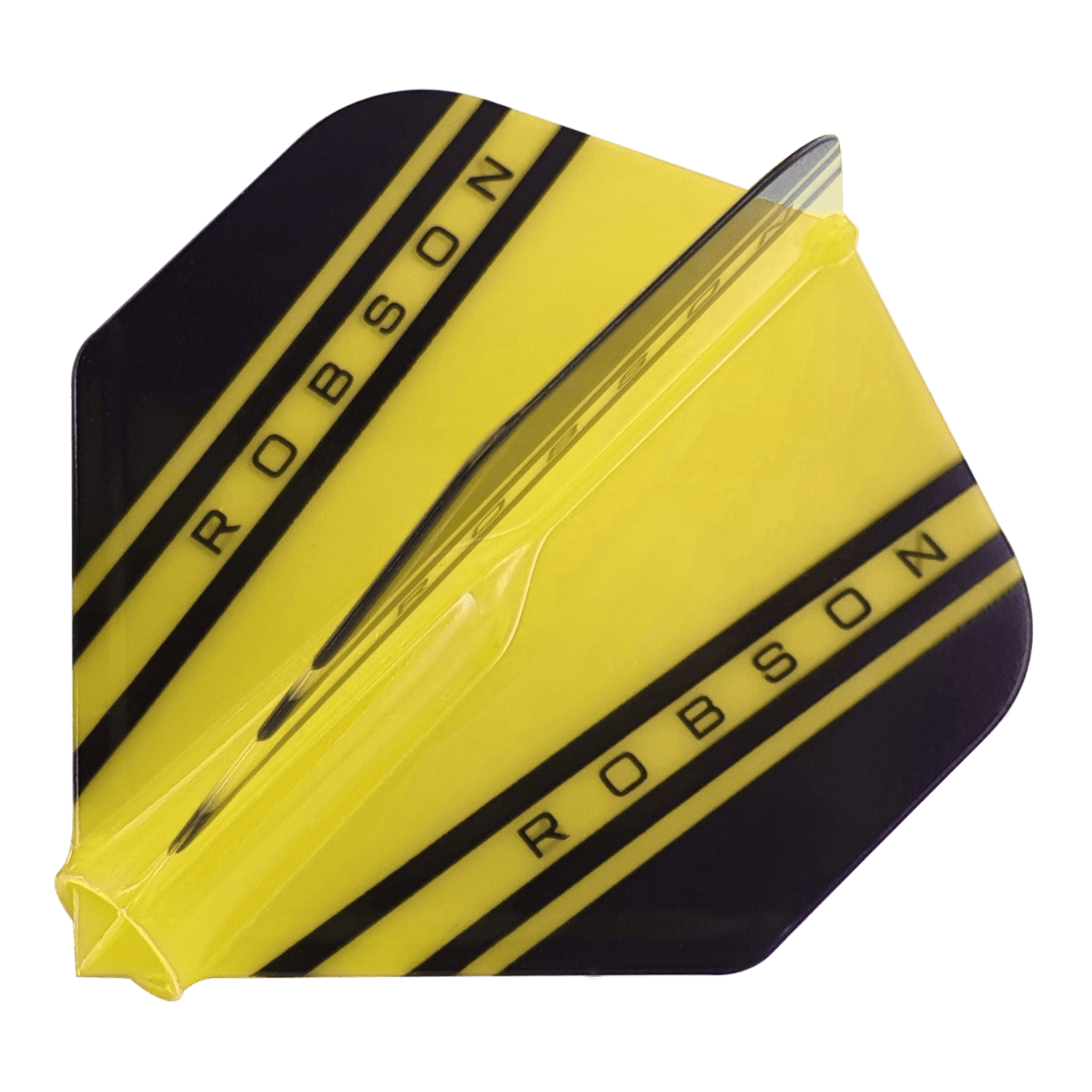 Robson Plus V Standard Flights Das Bild zeigt ein gelbes Dartflight mit schwarzen Streifen und dem Aufdruck "ROBSON". Es handelt sich um das Produkt "Robson Plus V Standard Flights".