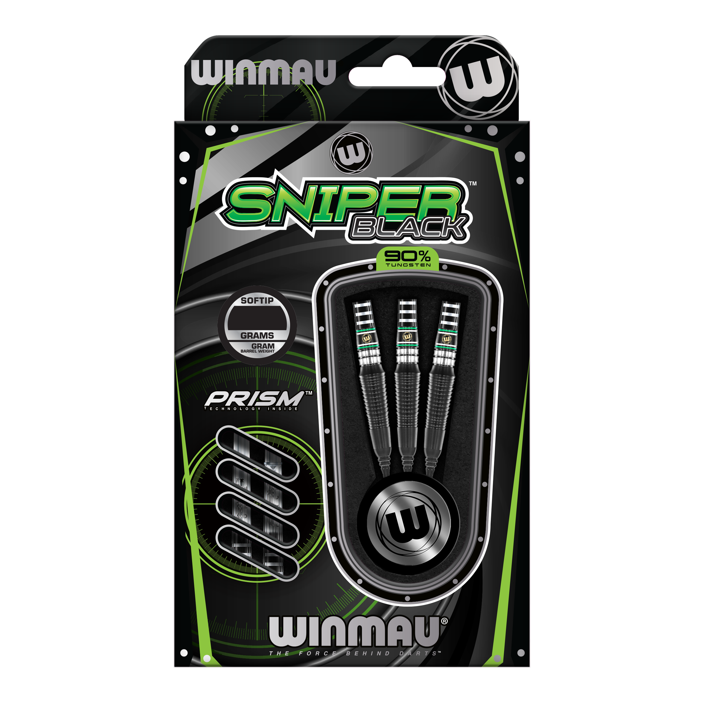 Dardos blandos Winmau Sniper Black 2025 - 20 g Die Abbildung zeigt die Winmau Sniper Black 2025 Softdarts mit einem Gewicht von 20 Gramm. Die Verpackung ist in Schwarz und Grün gehalten und enthält drei Softdarts mit 90% Tungsten.