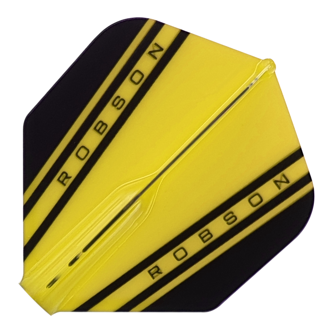 Robson Plus V Standard Flights Das Bild zeigt einen gelben Dartflight mit schwarzen Streifen und der Aufschrift "ROBSON". Es handelt sich um das Produkt "Robson Plus V Standard Flights".