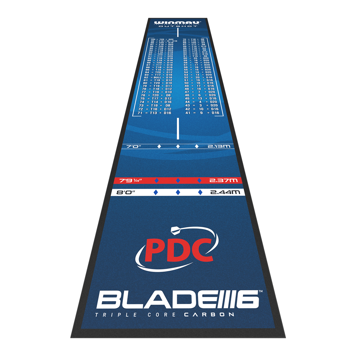 Šipková podložka Winmau Outshot Die Abbildung zeigt die Winmau Outshot Dartmatte 2024 in blauem Design. Auf der Matte sind verschiedene Abwurflinien, Checkout-Tabelle und das PDC-Logo abgebildet.