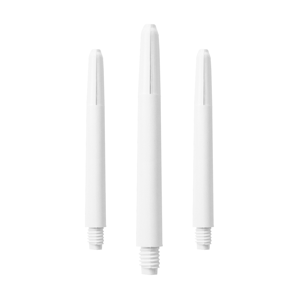 583_Nylon_Shafts_Schneeweiss_48mm_1KhbEmfNzhSggk Das Bild zeigt drei schneeweiße Nylon Shafts nebeneinander. Jeder Shaft hat ein Gewinde am unteren Ende und ist schlicht gestaltet.