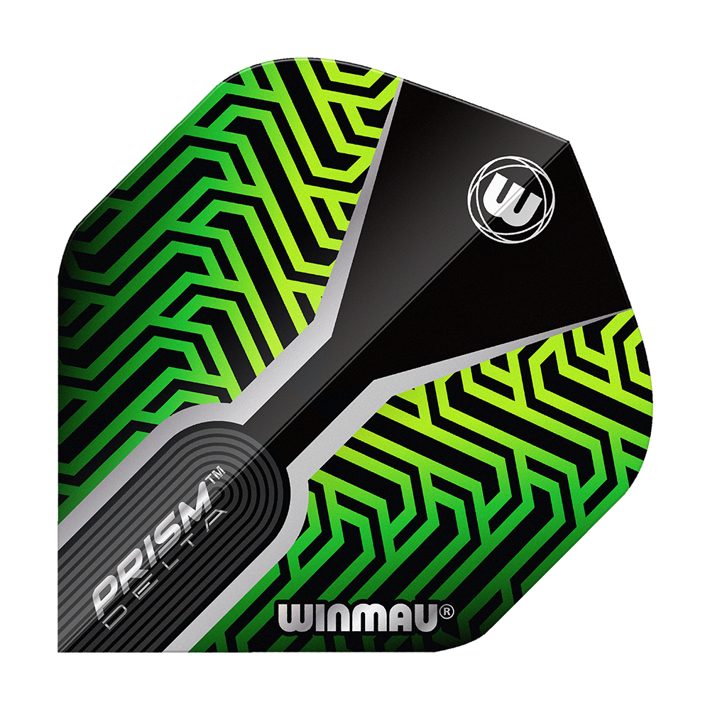 Letky Winmau Prism Delta Kairos No2 Standardní zelené Das Bild zeigt ein Dartflight mit dem Namen "Winmau Prism Delta Kairos No2 Standard Flights Grün". Das Flight hat ein auffälliges grünes und schwarzes geometrisches Muster mit dem Winmau-Logo.