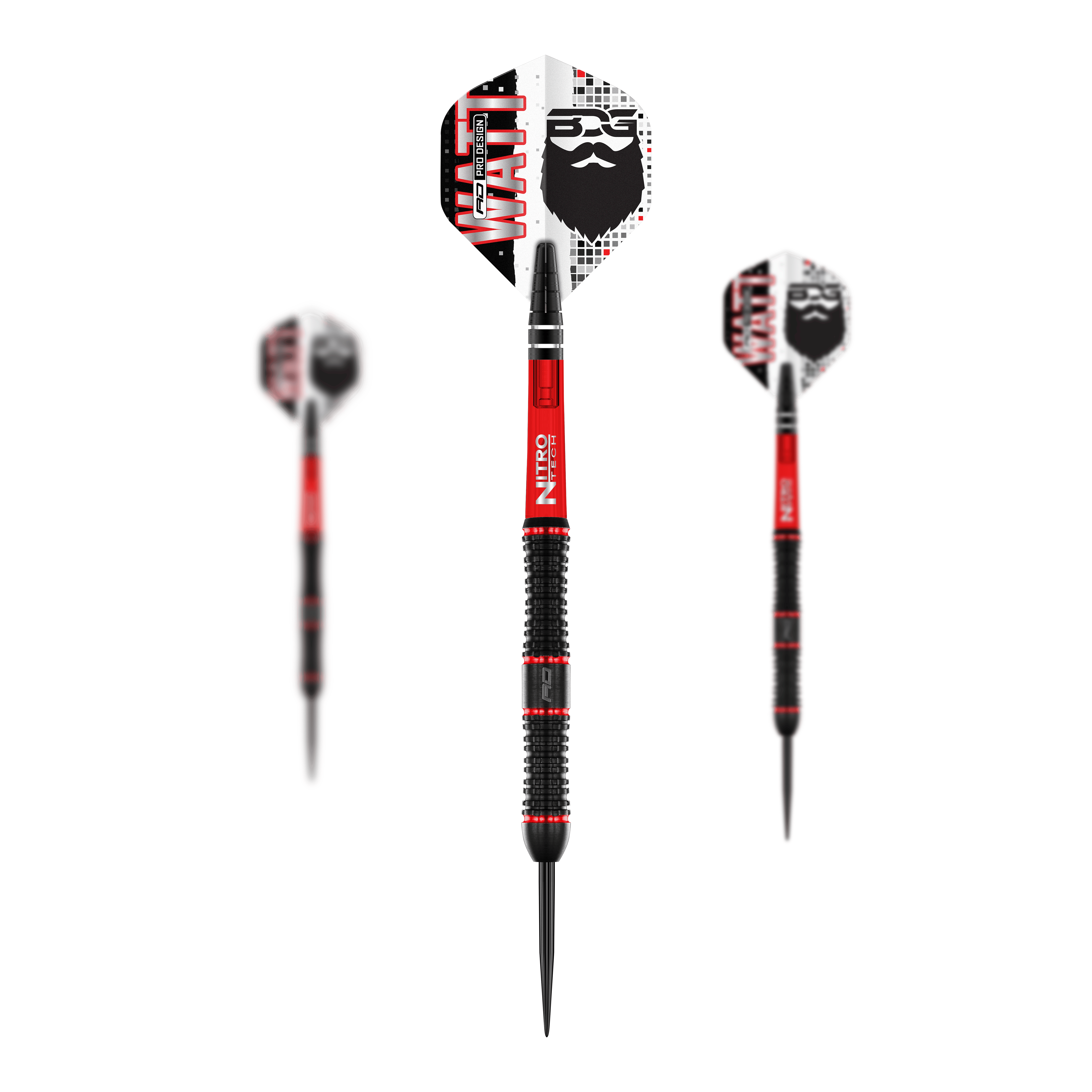 Ocelové šipky Red Dragon Jason Watt - 22g Das Bild zeigt drei Steeldarts des Modells "Red Dragon Jason Watt" mit einem Gewicht von 22g. Die Darts sind schwarz-rot und haben Flights mit einem Bartmotiv und der Aufschrift "WATT".