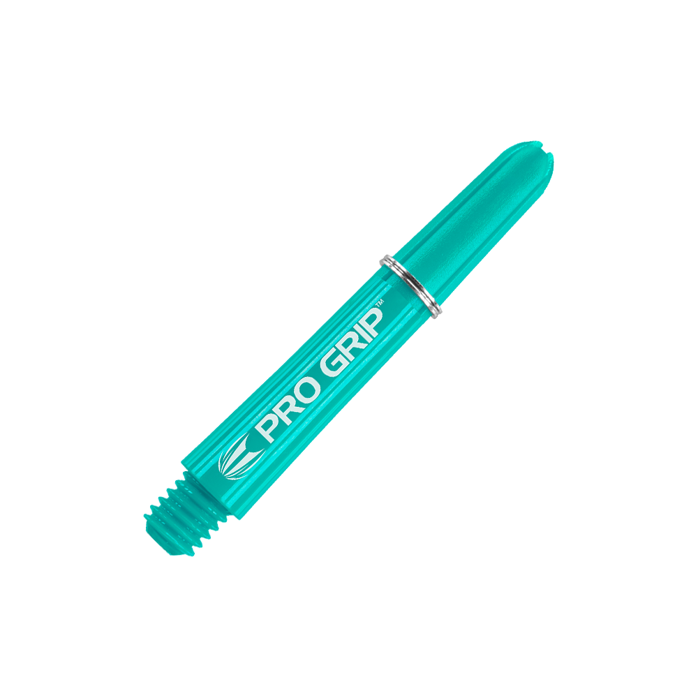 Target Pro Grip Shafts - 3 set - Aqua Das Bild zeigt einen aqua-blauen Pro Grip Dart-Schaft mit silbernem Ring. Auf dem Schaft steht der Schriftzug „PRO GRIP“.