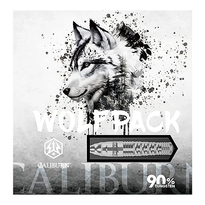 Caliburn Wolfpack W3 Steeldarts - 21g Das Bild zeigt die Verpackung der Caliburn Wolfpack W3 Steeldarts mit einem Wolf als Motiv. Die Darts bestehen zu 90 % aus Tungsten und wiegen 21 Gramm.