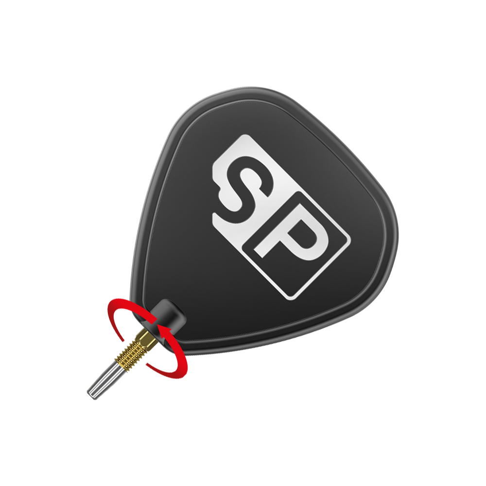 Puntas de dardos Target Swiss Firepoint Gold Das Bild zeigt eine schwarze Dart-Flightscheibe mit dem weißen Aufdruck "SP". Darunter ist eine goldene Dartspitze mit einem roten Pfeil, der eine Drehbewegung anzeigt.