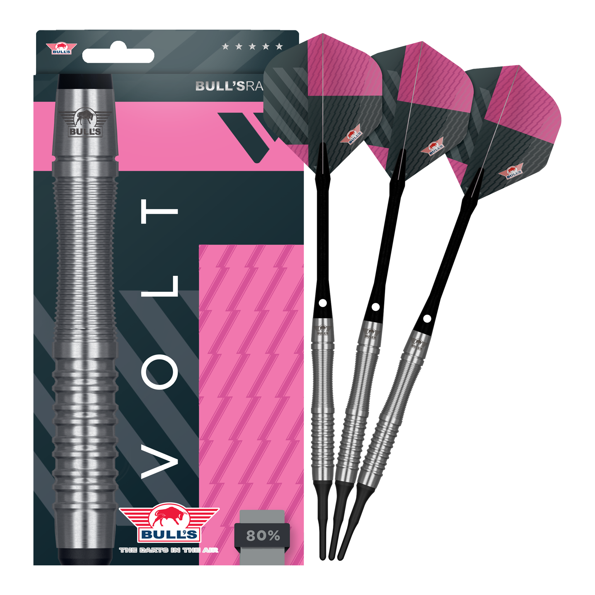Šipky Bulls NL Volt Pink Soft - 19g Abgebildet wird das komplette Set Bulls NL Volt Pink Softdarts - 19g. Die Darts sind stylisch designt.