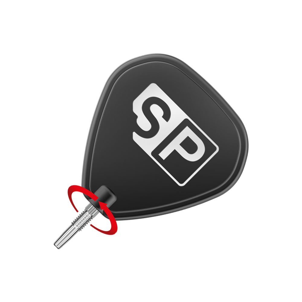 Puntas de dardos Target Swiss Point Chrono - Plateadas Das Bild zeigt eine schwarze Dartflügel mit den weißen Buchstaben "SP" darauf. An der Unterseite ist eine silberne Dartspitze zu sehen, die mit einem roten Pfeil markiert ist.