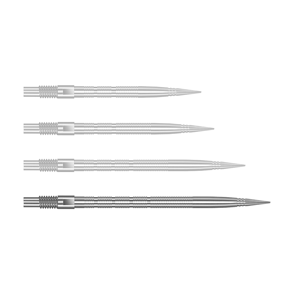 Abgebildet ist QP28023 Harrows Quick Point MicroRidge Dartspitzen Silber 40mm. Das Produkt sind silberne Dartspitzen für den Austausch.