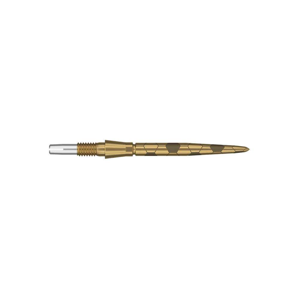 Groty do lotek Target Swiss Storm Onyx Point – złote Das Bild zeigt eine goldfarbene Dartspitze mit feinen eingravierten Mustern. Sie hat eine schlanke, spitz zulaufende Form und ist 26 mm lang.