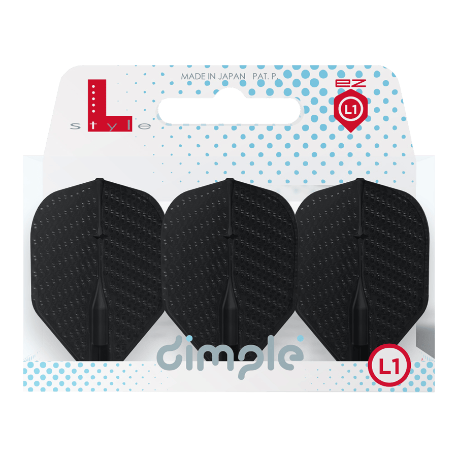 L-Style Flights Dimple Champagne L1EZ Standard Auf dem Bild sind drei schwarze Dart-Flights in einer Verpackung zu sehen. Die Verpackung trägt die Aufschrift "dimple" und "L1" und ist von der Marke L-Style.