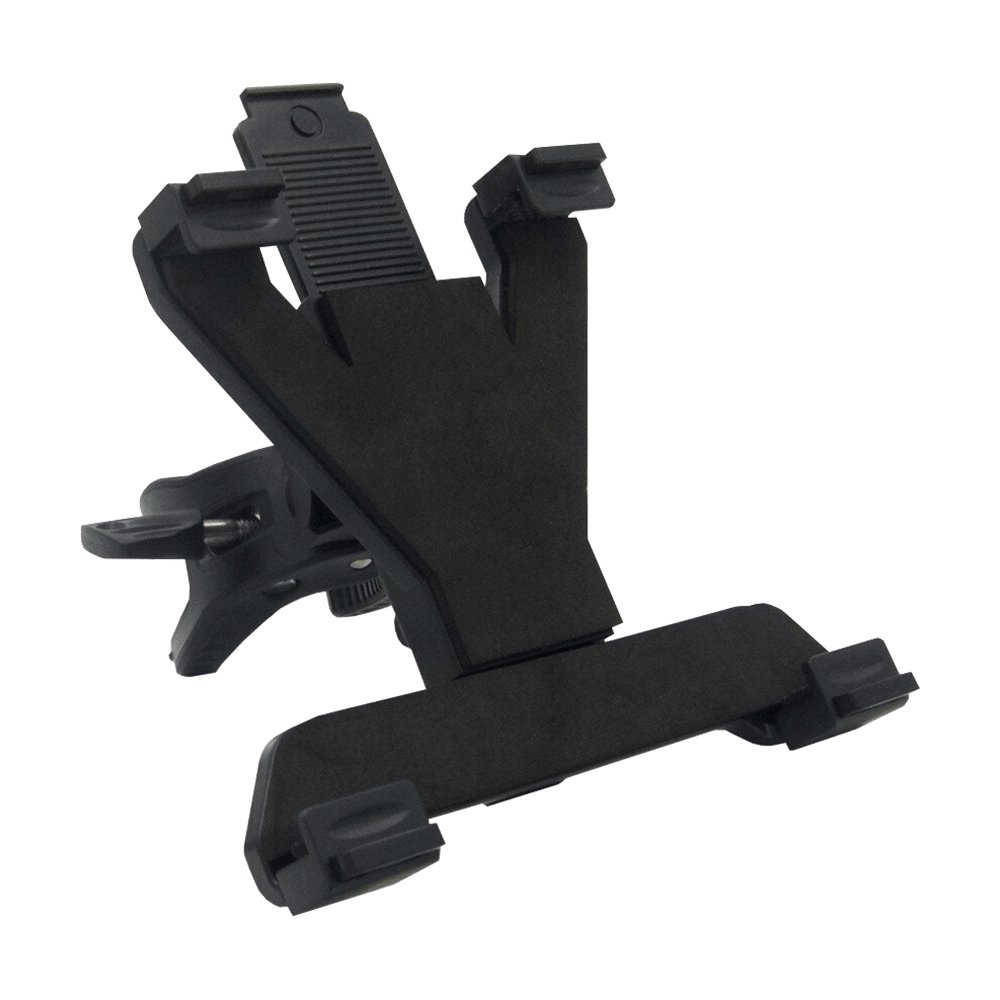 GRN0040_GranBoard_Tablet_Holder_1XQN5rpg5pyAvU Das Bild zeigt den GranBoard Tablet-Halter. Er ist schwarz und hat verstellbare Klammern, um ein Tablet sicher zu befestigen.