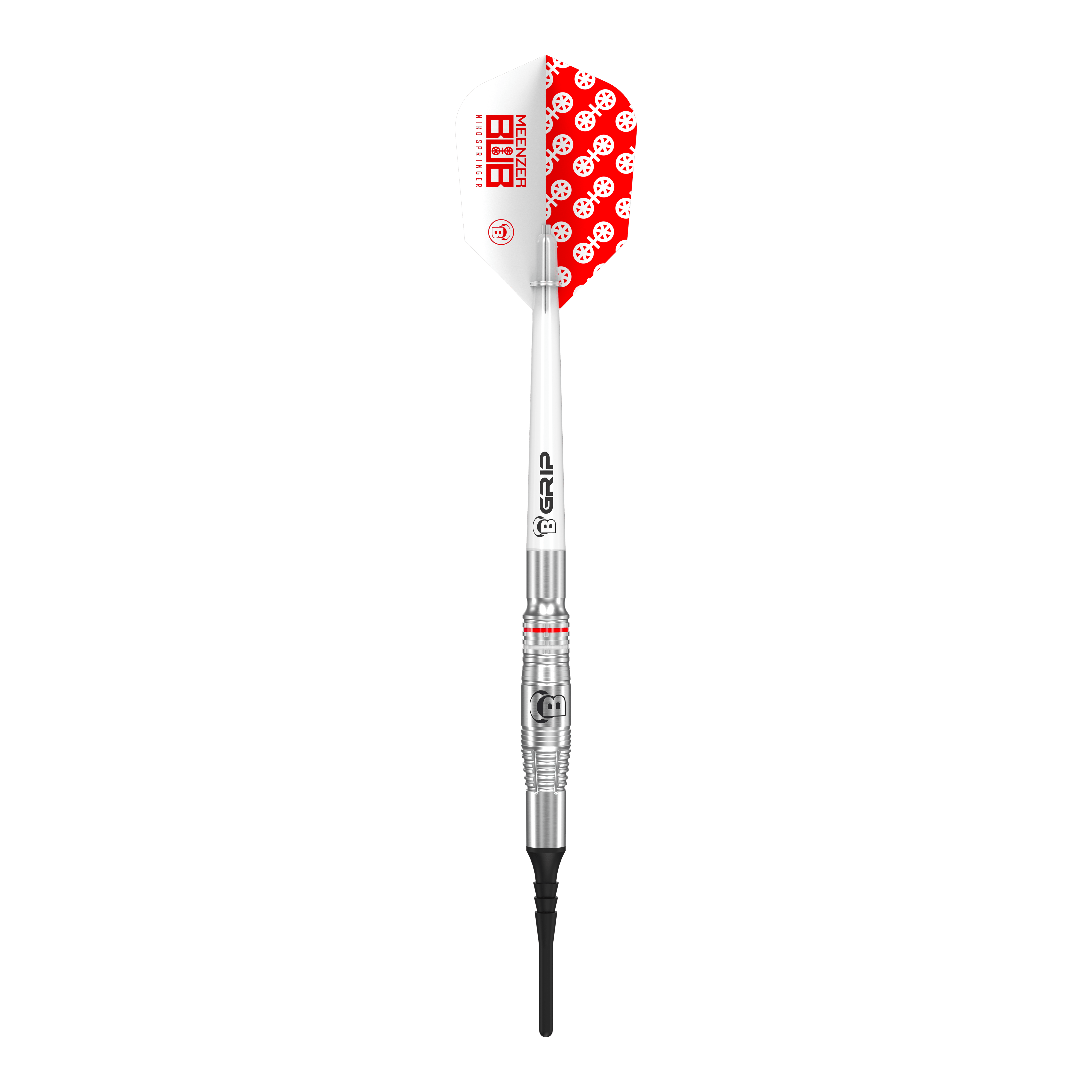 Bulls Niko Springer Softdarts - 22g Auf dem Bild ist ein Bulls Niko Springer Softdart mit einem Gewicht von 22g zu sehen. Das Dart hat ein silbernes Barrel, einen weißen Schaft und ein Flight mit rotem Muster.