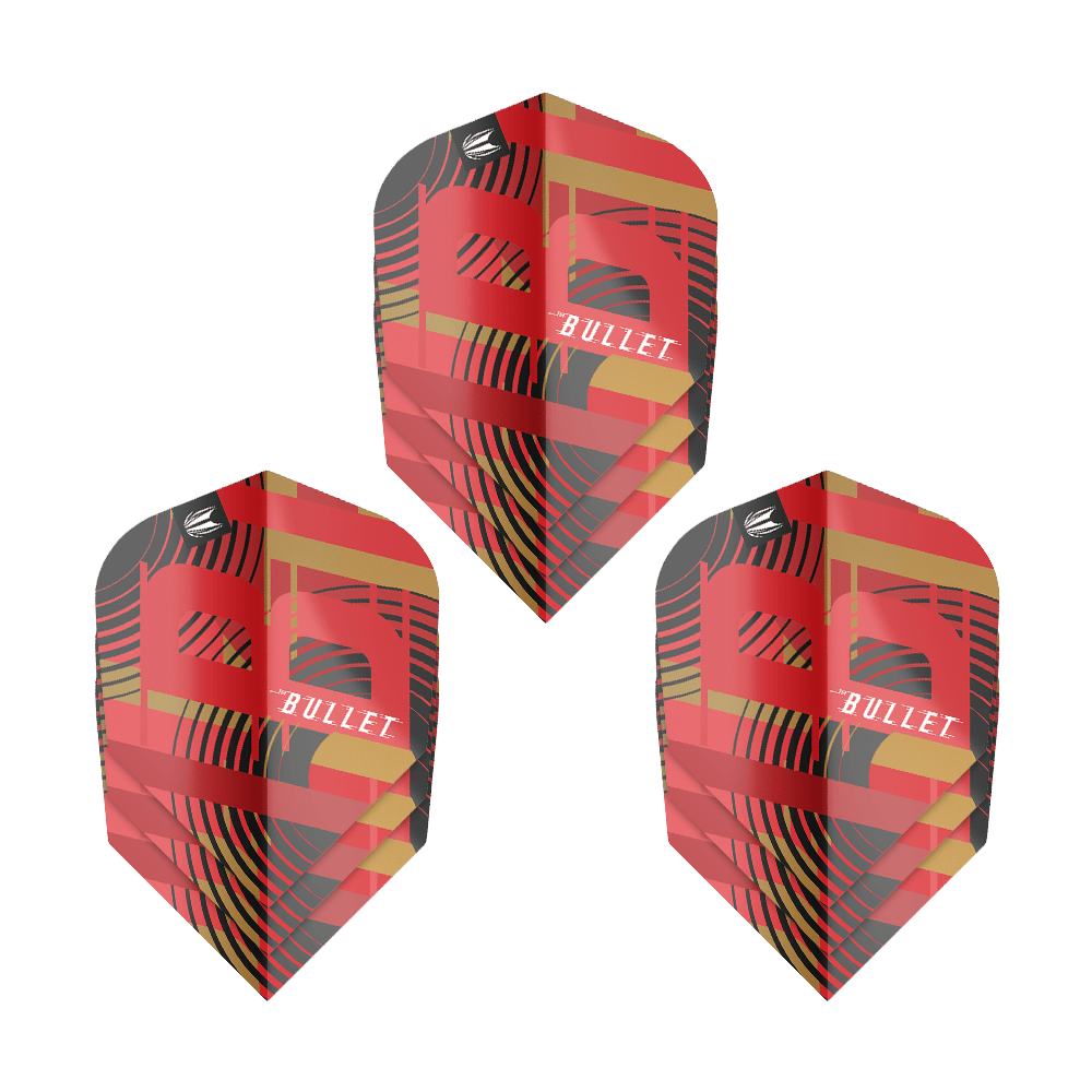 Letenky Target Pro Ultra Stephen Bunting GEN5 No6 – 3 sady Das Bild zeigt drei Sets von Target Pro Ultra Stephen Bunting GEN5 No6 Flights. Die Flights haben ein auffälliges Design in Rot, Schwarz und Gold mit dem Schriftzug "Bullet".