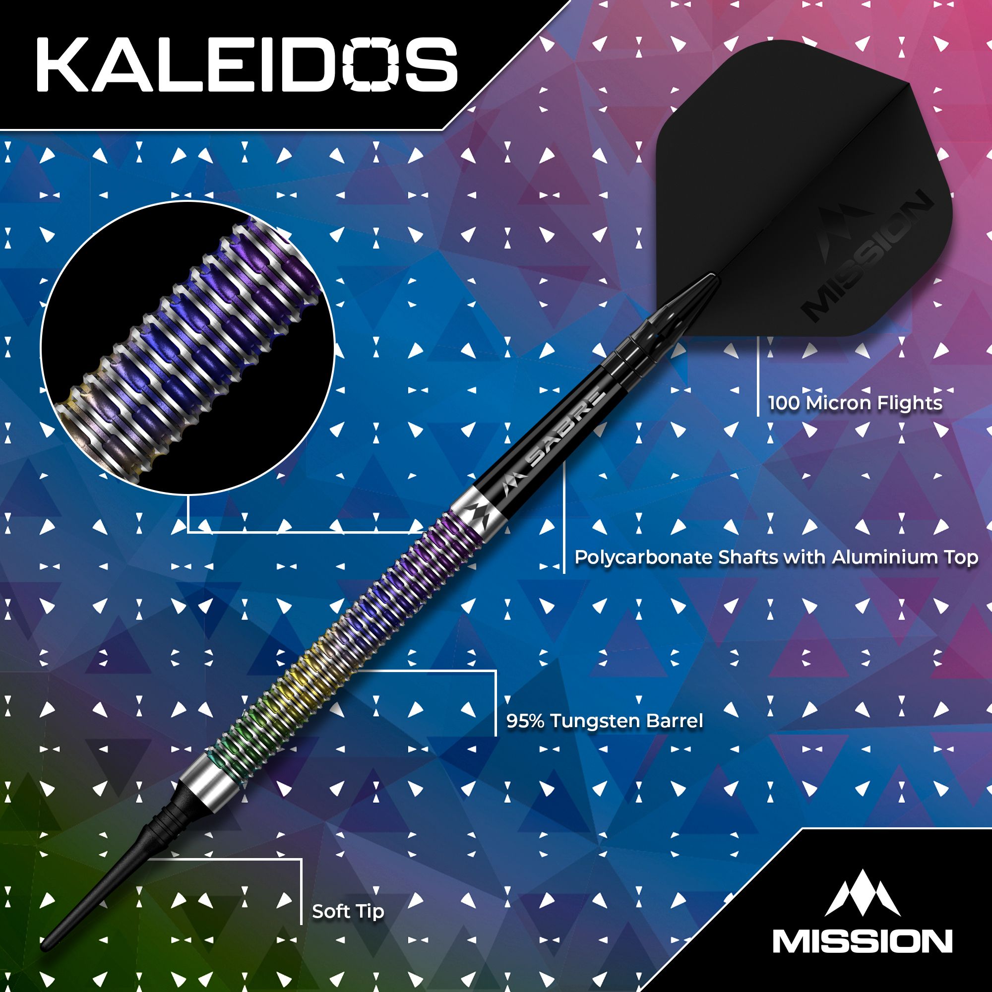 Das Foto zeigt Mission Kaleidos Softdarts - 19g. Es handelt sich um hochwertige Darts für Hobby- und Profispieler.