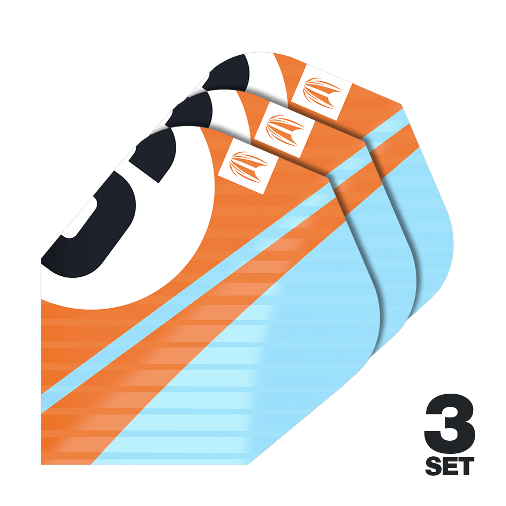 Ailettes Target Pro Ultra Chicane Orange Ten-X - 3 jeux Das Bild zeigt drei Sätze Target Pro Ultra Chicane Orange Ten-X Flights. Die Flights sind orange und hellblau mit einem auffälligen Design.