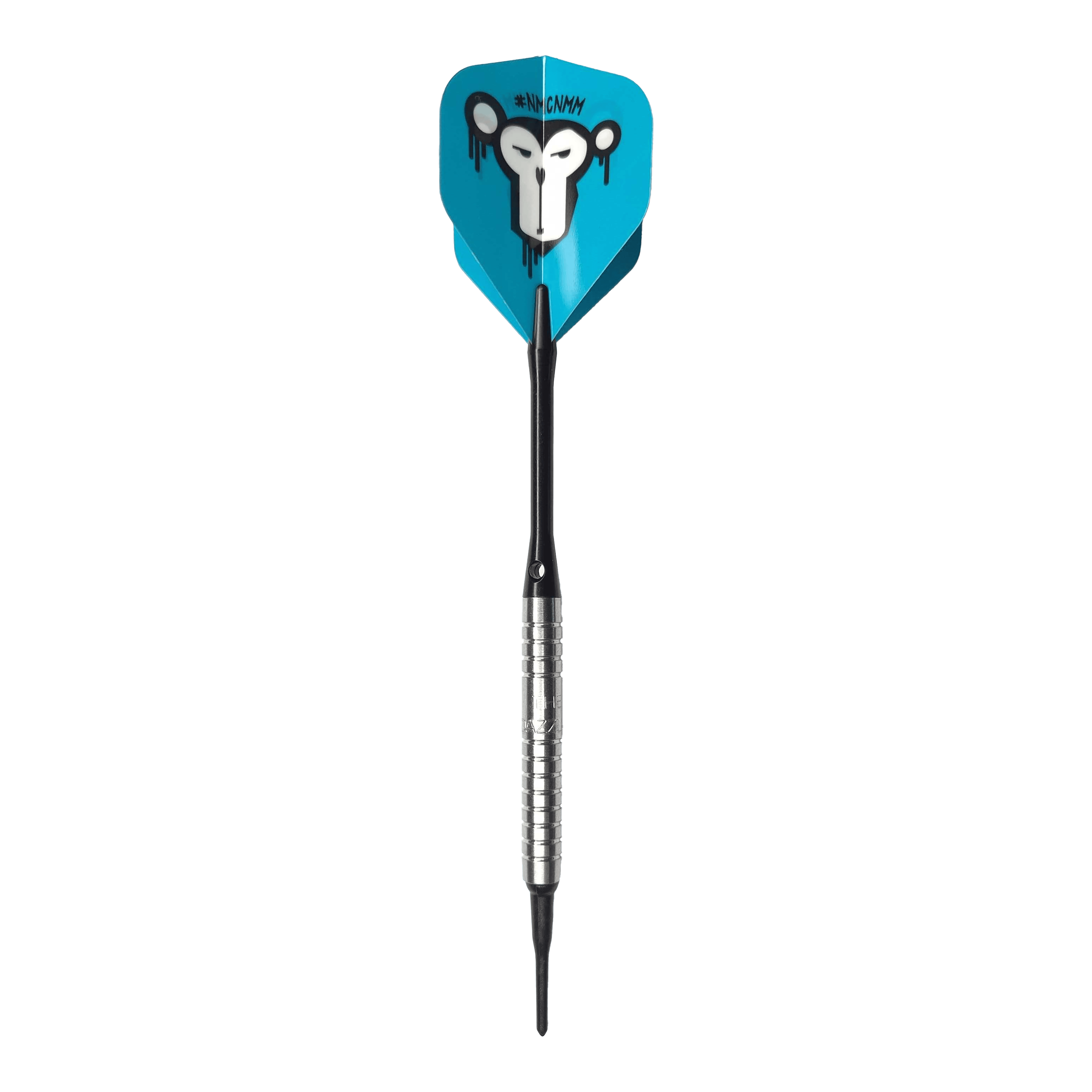 Dardos blandos McDart 85 Tungsteno V15 - 16,5 g Der McDart 85er Tungsten V15 Softdart wiegt 16,5g und hat ein silbernes, geriffeltes Barrel. Die Flights sind blau und zeigen das Bild eines stilisierten Affengesichts.