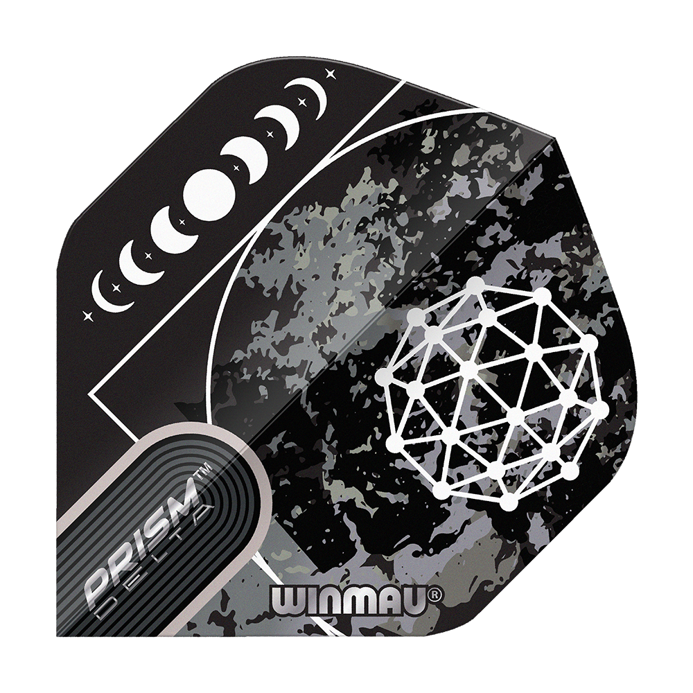 Voli standard Winmau Prism Delta Callisto No2 Das Bild zeigt das Produkt "Winmau Prism Delta Callisto No2 Standard Flights". Es hat ein schwarzes Design mit Mondphasen und geometrischem Muster.
