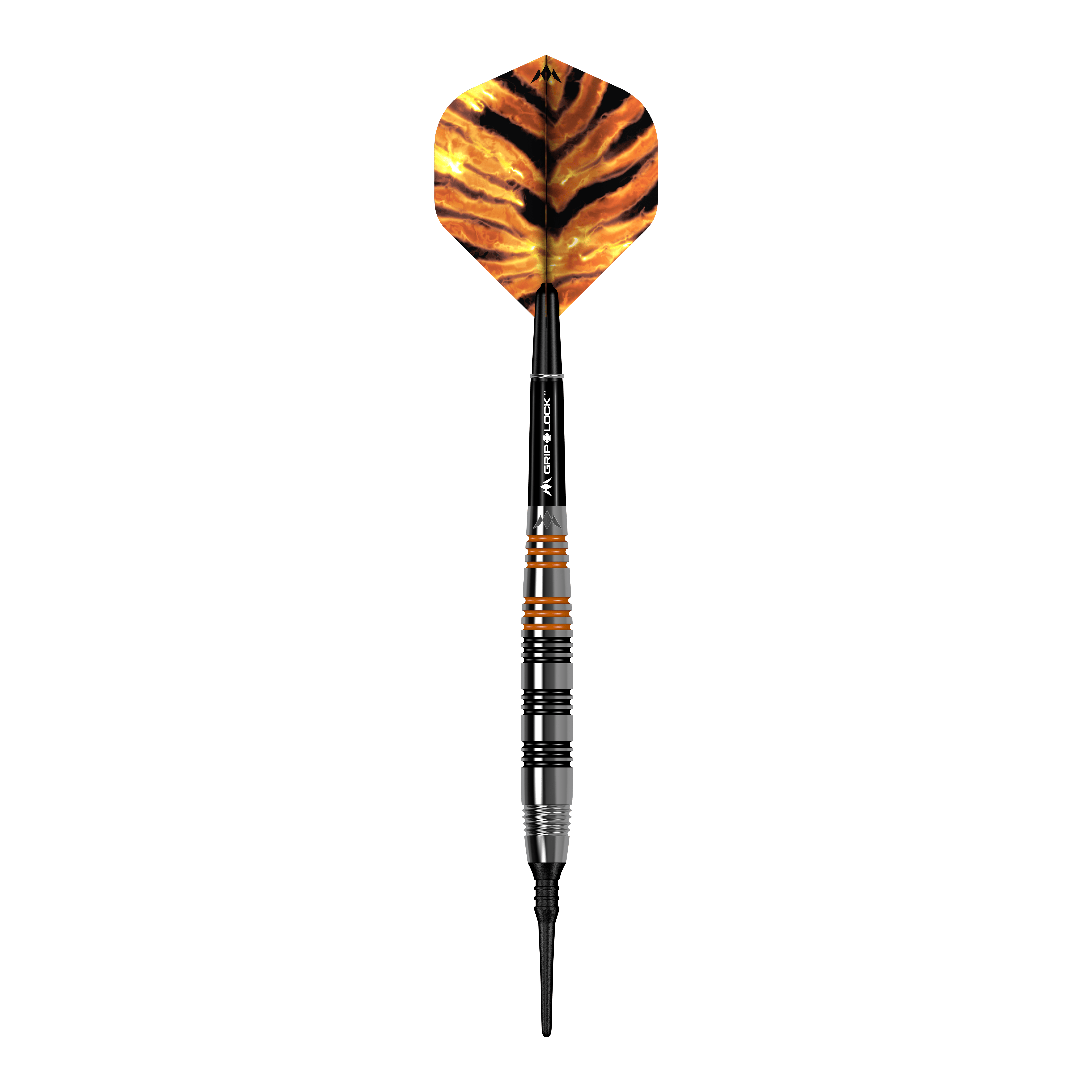 Šipky Mission Javan Brass Soft - 18g Das Bild zeigt einen Softdart namens "Mission Javan Brass Softdarts - 18g". Der Dart hat eine schwarz-orangene Spitze und eine Flügel mit einem Tigerstreifenmuster.