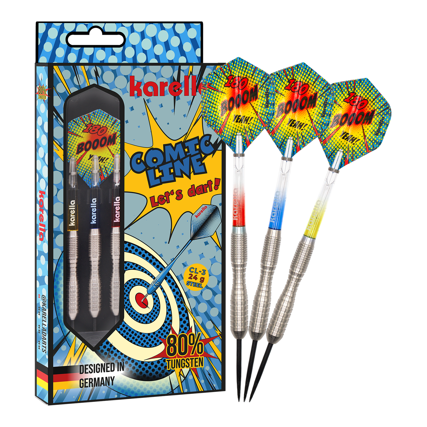 Dardos de acero Karella Comic Line CL-3 - 24 g Das Bild zeigt das Produkt Karella Comic Line CL-3 Steeldarts - 24g in voller Länge. Die Steeldarts sind klar zu erkennen.