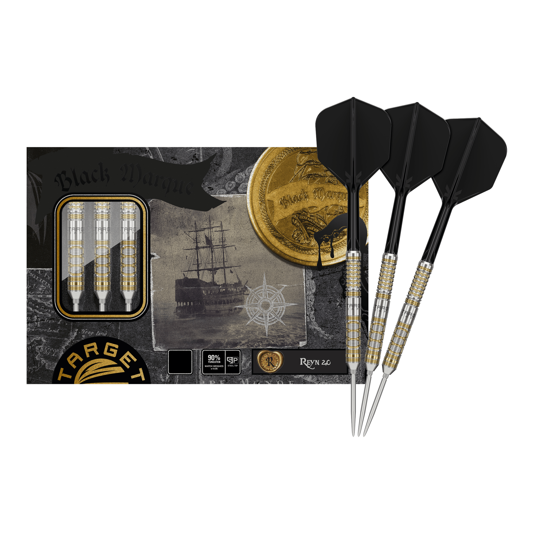 Dardos de acero Target Japan Black Marque Reyn GEN2 Das Bild zeigt die "Target Japan Black Marque Reyn GEN2 Steeldarts" mit ihrer Verpackung. Drei fertige Darts mit schwarzen Flights sind neben der stilvollen Box abgebildet.