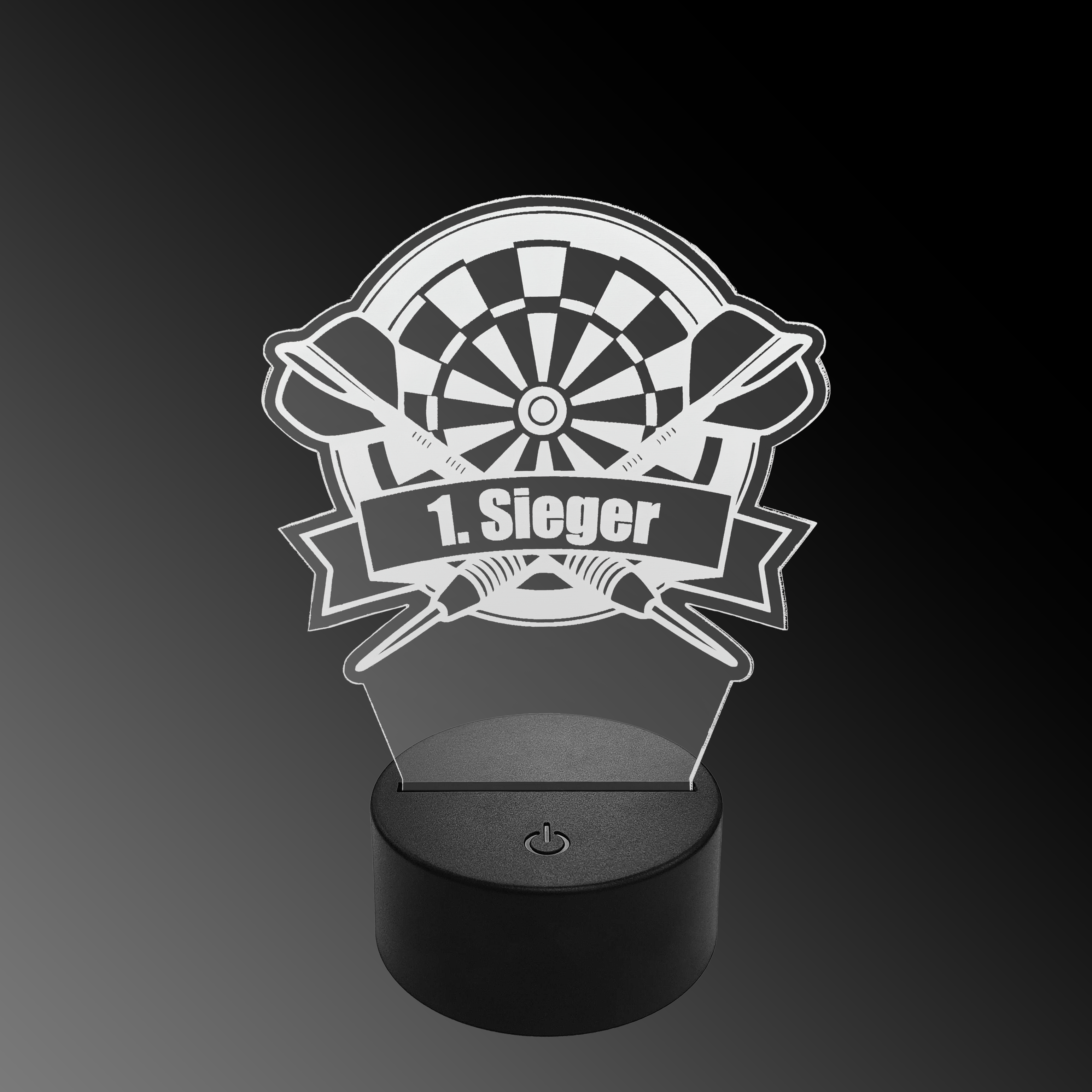 Lampa rzutkowa LED z pleksiglasu z niestandardowym tekstem Das Bild zeigt eine LED-Lampe mit einem Plexiglasaufsatz in Form eines Dartboards und zwei gekreuzten Darts. Auf dem Schild steht "1. Sieger" geschrieben.