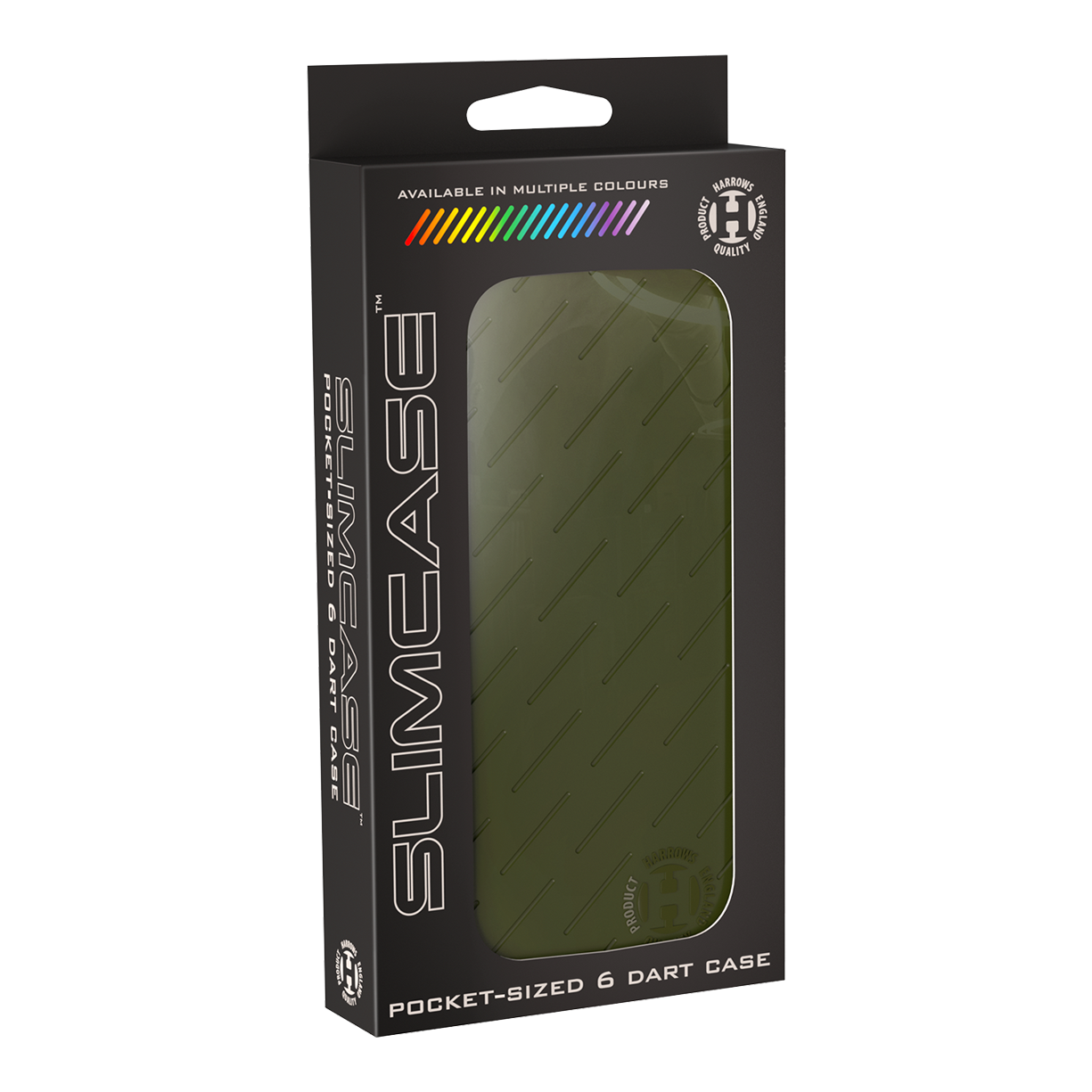 Étui à fléchettes Harrows Slimcase Die Abbildung zeigt eine grüne Slimcase Darttasche in ihrer Verpackung. Auf der Verpackung steht "Pocket-sized 6 Dart Case" und sie ist in mehreren Farben erhältlich.