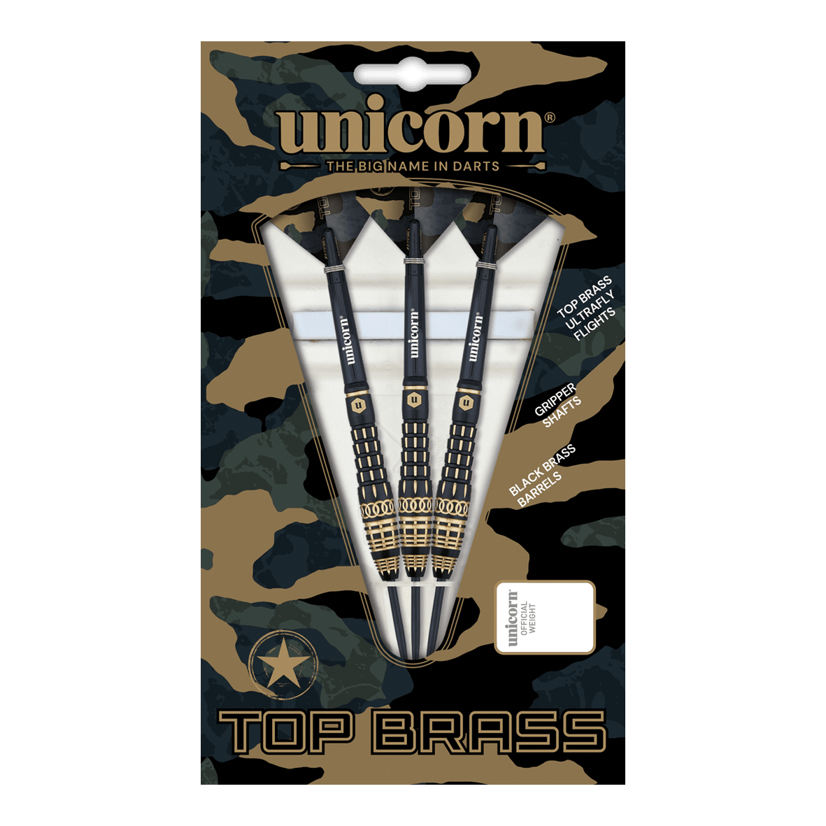 Steeldarts Unicorn Top Brass V4 - 20g Das Bild zeigt die "Unicorn Top Brass V4 Steeldarts - 20g" in ihrer Verpackung. Die Darts haben schwarze und goldene Akzente und sind für präzises Werfen konzipiert.