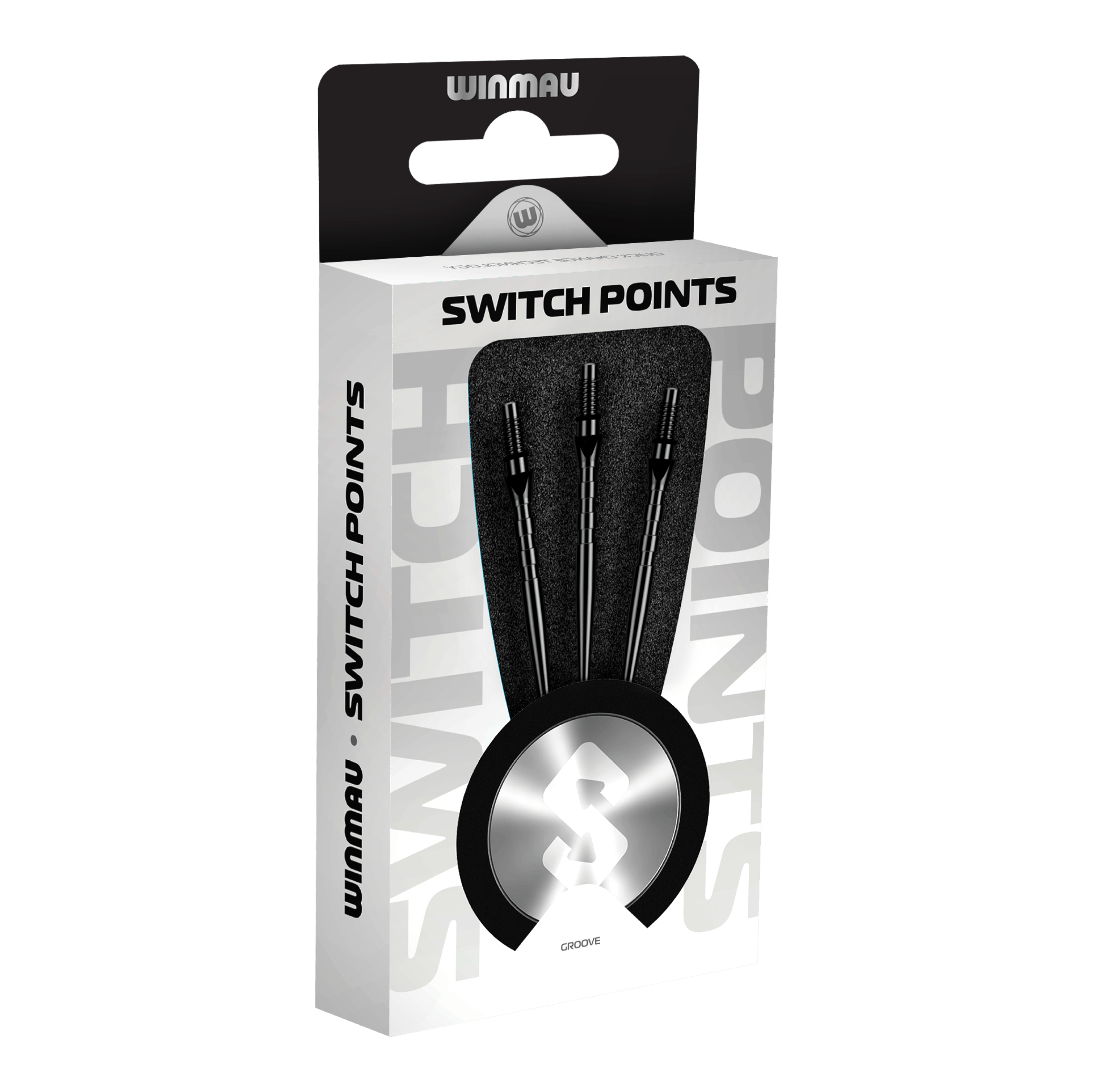Špičky na šipky Winmau Switch Point Groove Steel - černé Abgebildet sind Winmau Switch Point Groove Steeldartspitzen in Schwarz. Die Dartspitzen haben Rillen und eine schwarze Farbe.