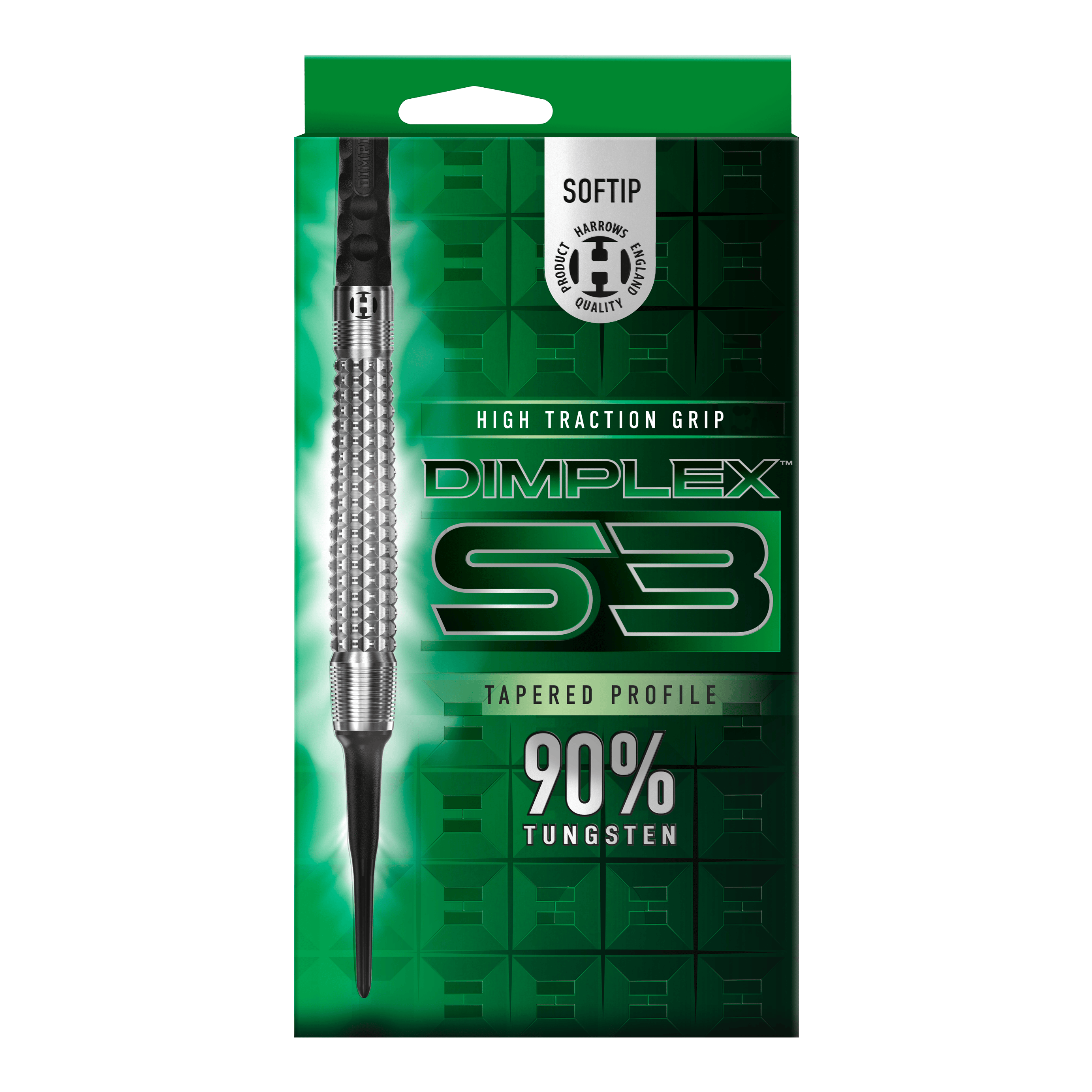 Fléchettes souples coniques Harrows Dimplex S3 Das Bild zeigt die Verpackung der "Harrows Dimplex S3 Tapered Softdarts". Auf der Packung steht, dass die Darts einen hohen Grip und einen 90%igen Tungsten-Anteil haben.