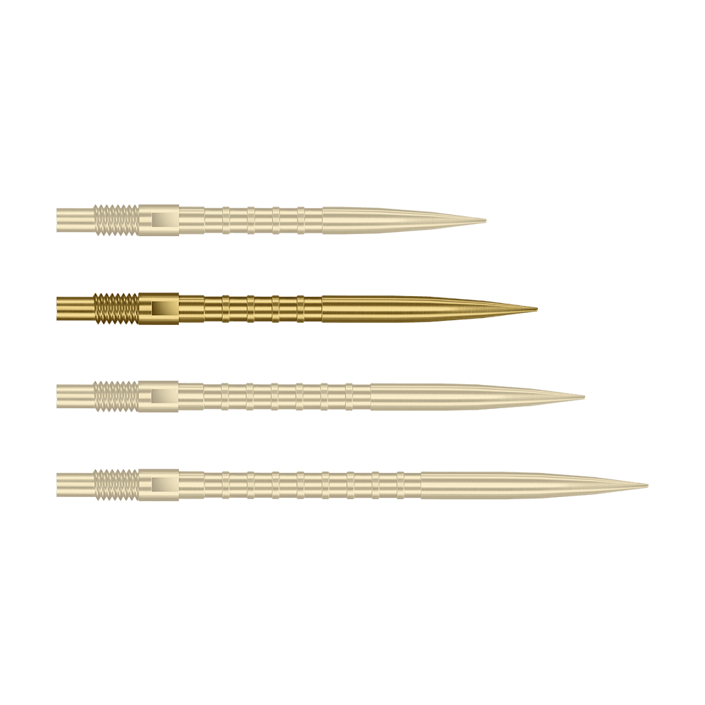 Harrows Quick Point Heavy Metal Dart Tips - Gold Abgebildet ist eine einzelne goldene Dartspitze mit 30mm Länge und Metallgriff. Es handelt sich um die Harrows Quick Point Heavy Metal Grip Dartspitzen Gold 30mm.