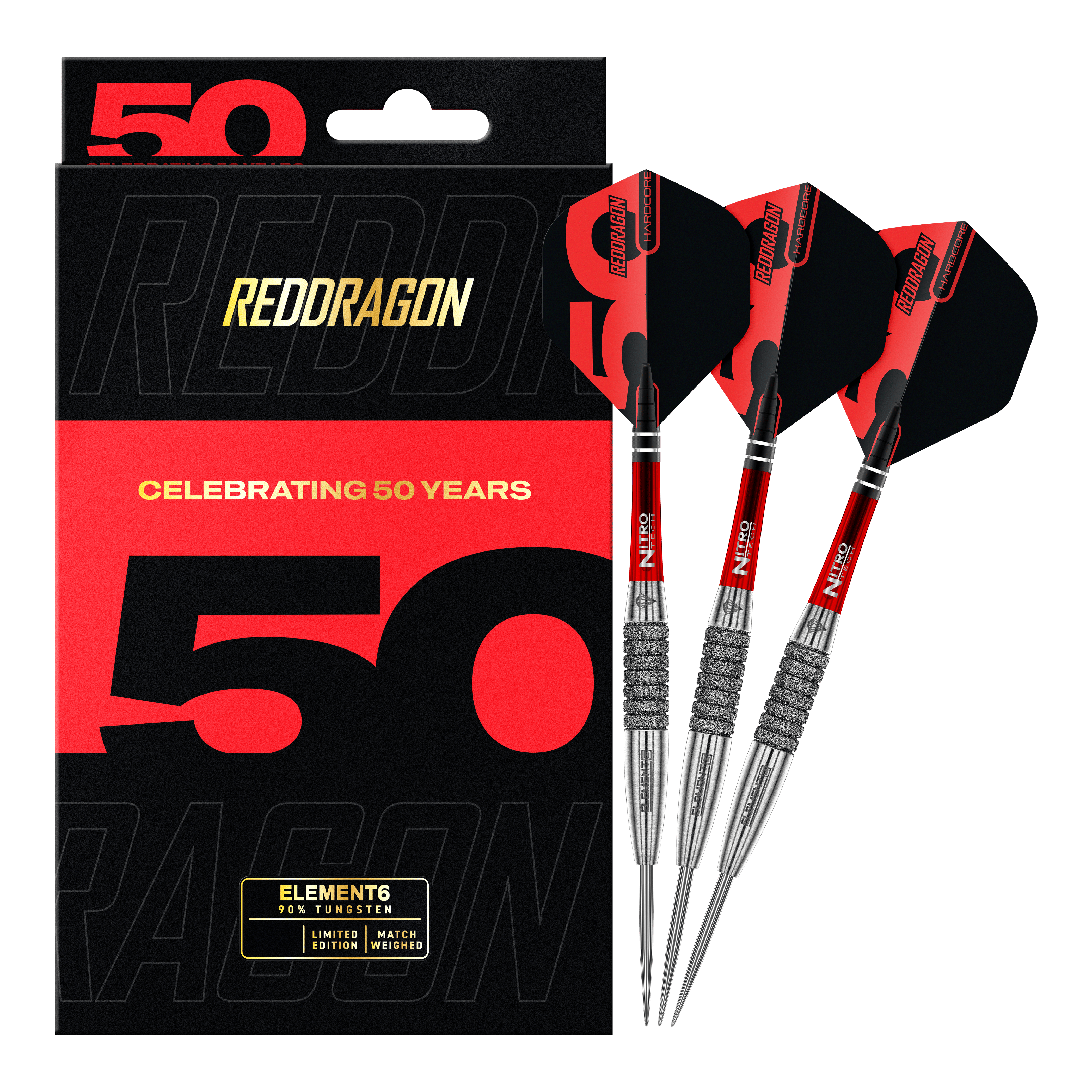 Red Dragon 50 Year Collection Element 6 C Steeldarts mit 25g Gewicht. Abgebildet ist die vollständige Dartpfeil-Kollektion als limitierte Edition.