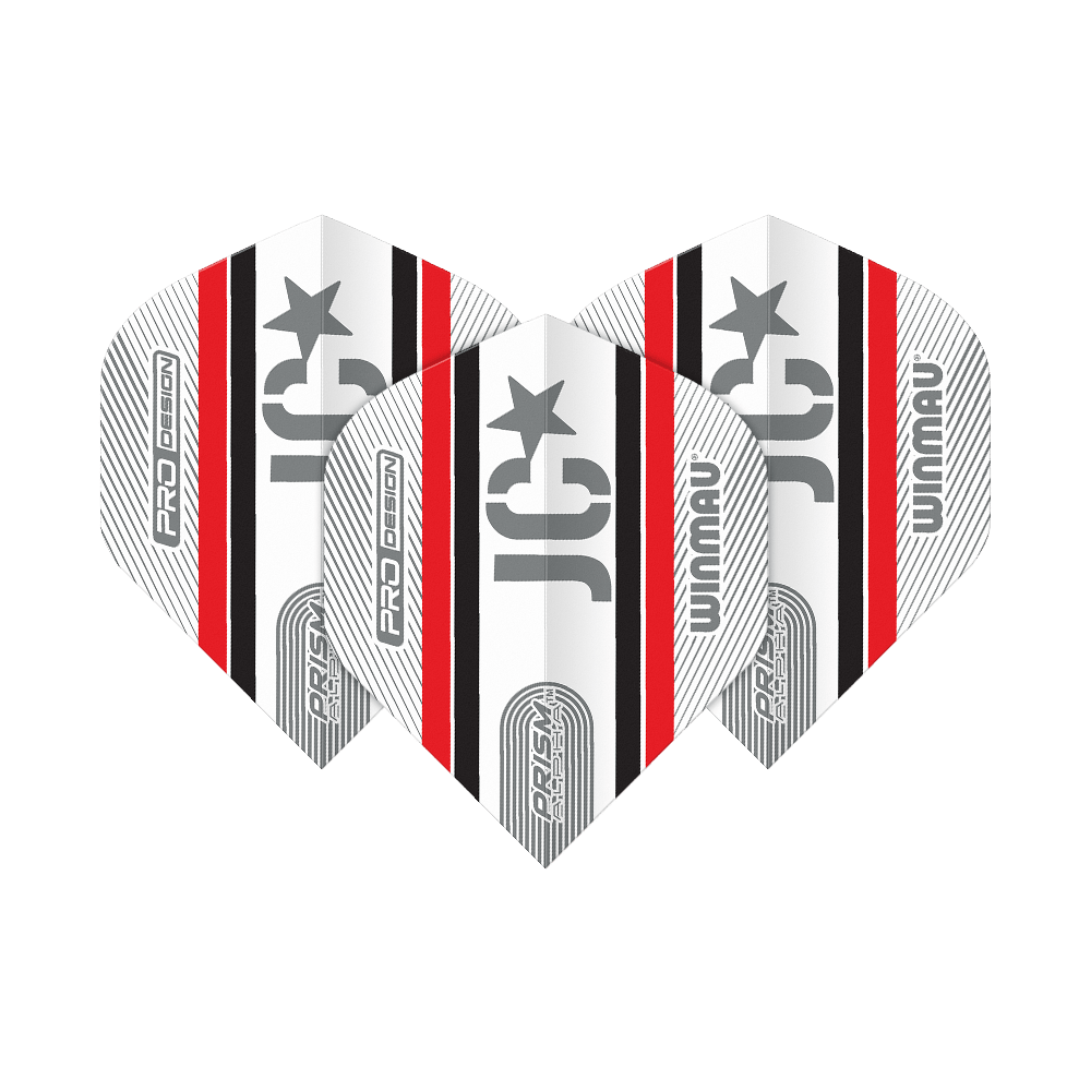 Winmau Alpha Joe Cullen Cullen 85 Standardní lety Das Bild zeigt drei Winmau Alpha Joe Cullen 85 Standard Flights für Darts. Sie sind überwiegend weiß mit schwarzen und roten Streifen sowie silbernen Aufdrucken.