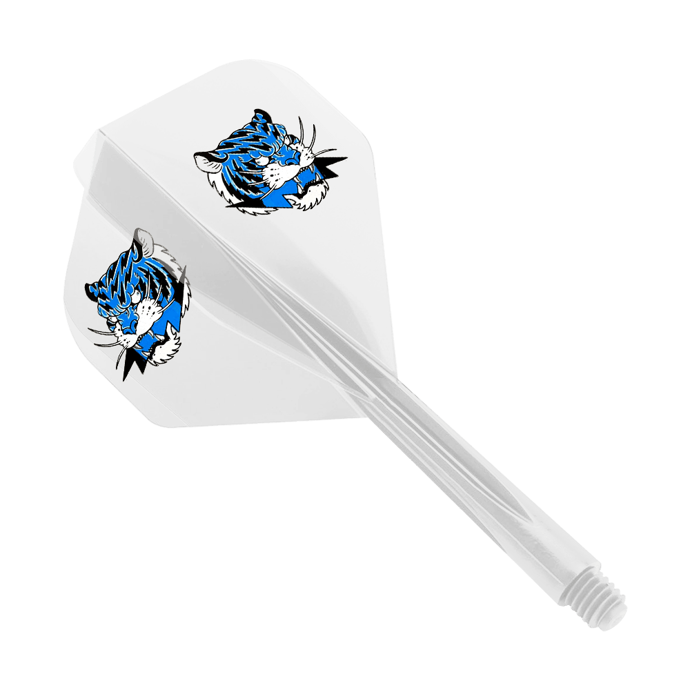 Condor AXE Inazuma Tiger Mix Flight-System Yellow Clear - Small Das Bild zeigt ein Dart-Flight-System in transparentem Gelb mit einem kleinen Format. Auf den Flights ist ein blauer Tigerkopf abgebildet.