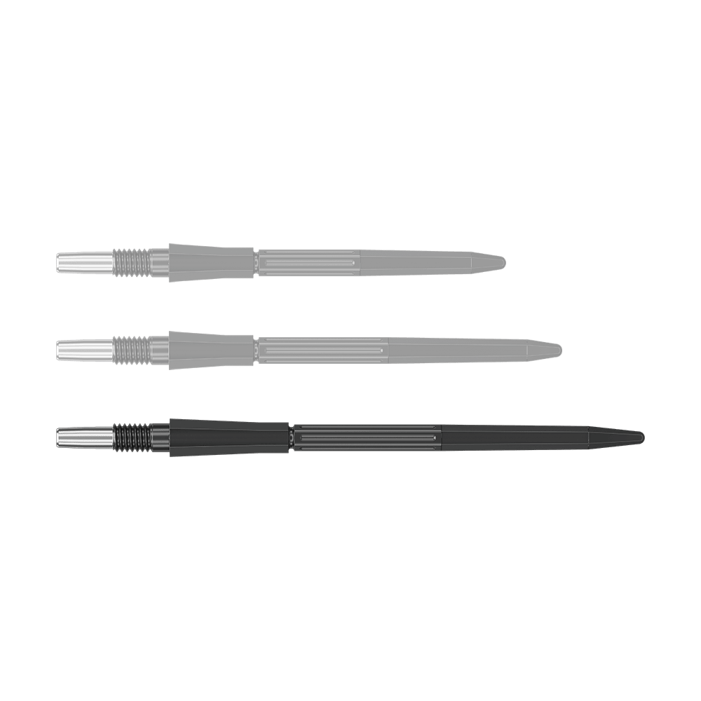 Target Elysian Archetype 43 Swiss Point Steeldartspitzen - Schwarz Eine schwarze Dartspitze mit einer Länge von 42 mm ist abgebildet. Die Spitze hat eine schlanke Form.