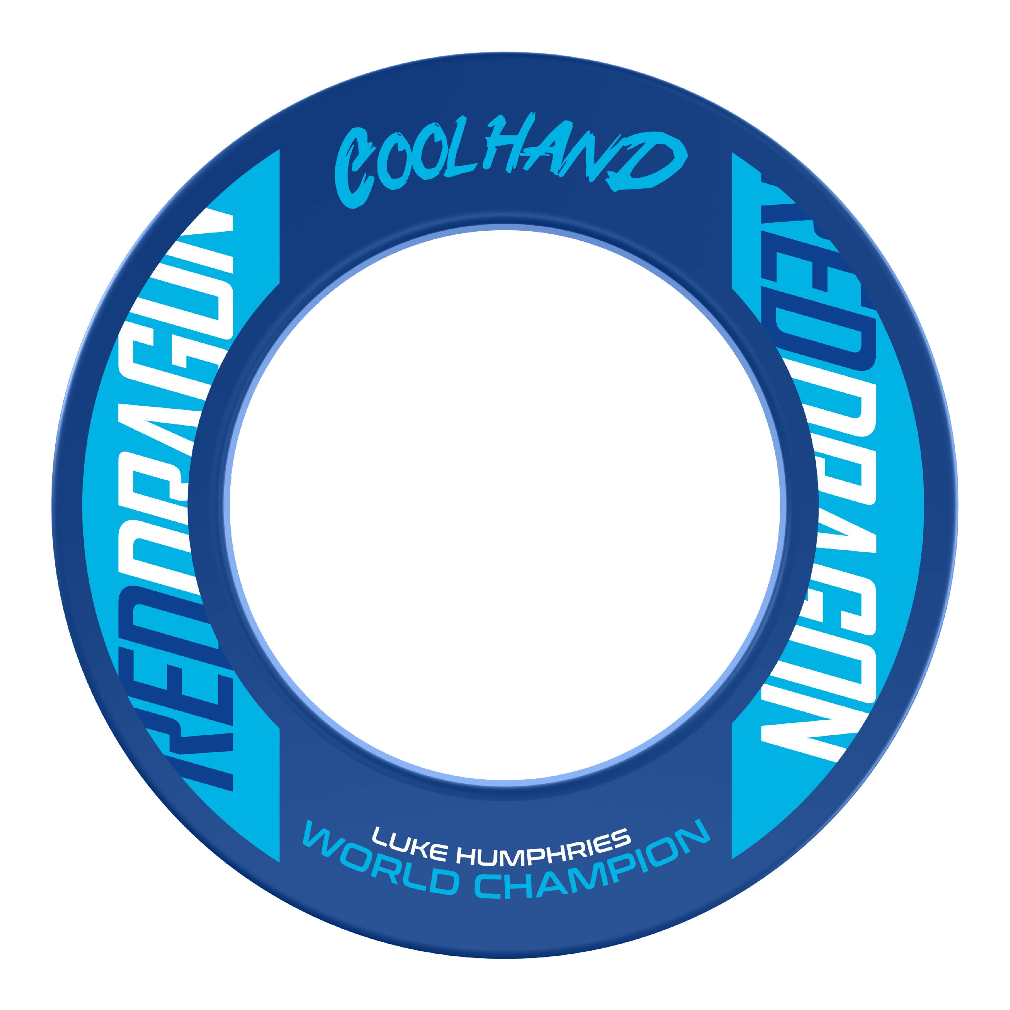 Obvod pro terč Red Dragon Luke Humphries, mistr světa Das Bild zeigt den "Red Dragon Luke Humphries World Champion Dartboard Surround" in Blau mit weißen und hellblauen Schriftzügen. Auf dem Produkt stehen die Wörter "Coolhand", "Red Dragon" und "Luke Humphries World Champion".