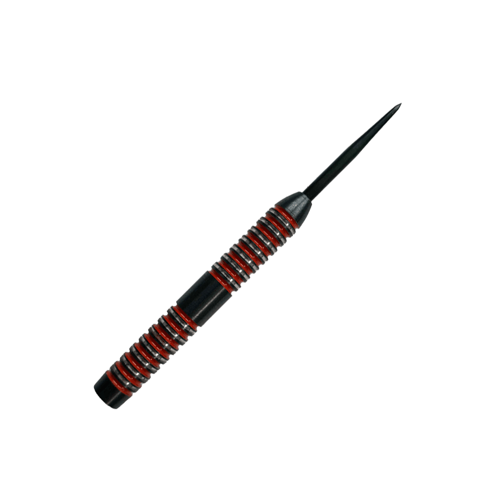 Sudy McDart Crimson Steeldart Das Bild zeigt einen McDart Crimson Steeldart Barrel. Der Barrel ist schwarz mit auffälligen roten Ringen und hat ein gerilltes Design für besseren Halt.