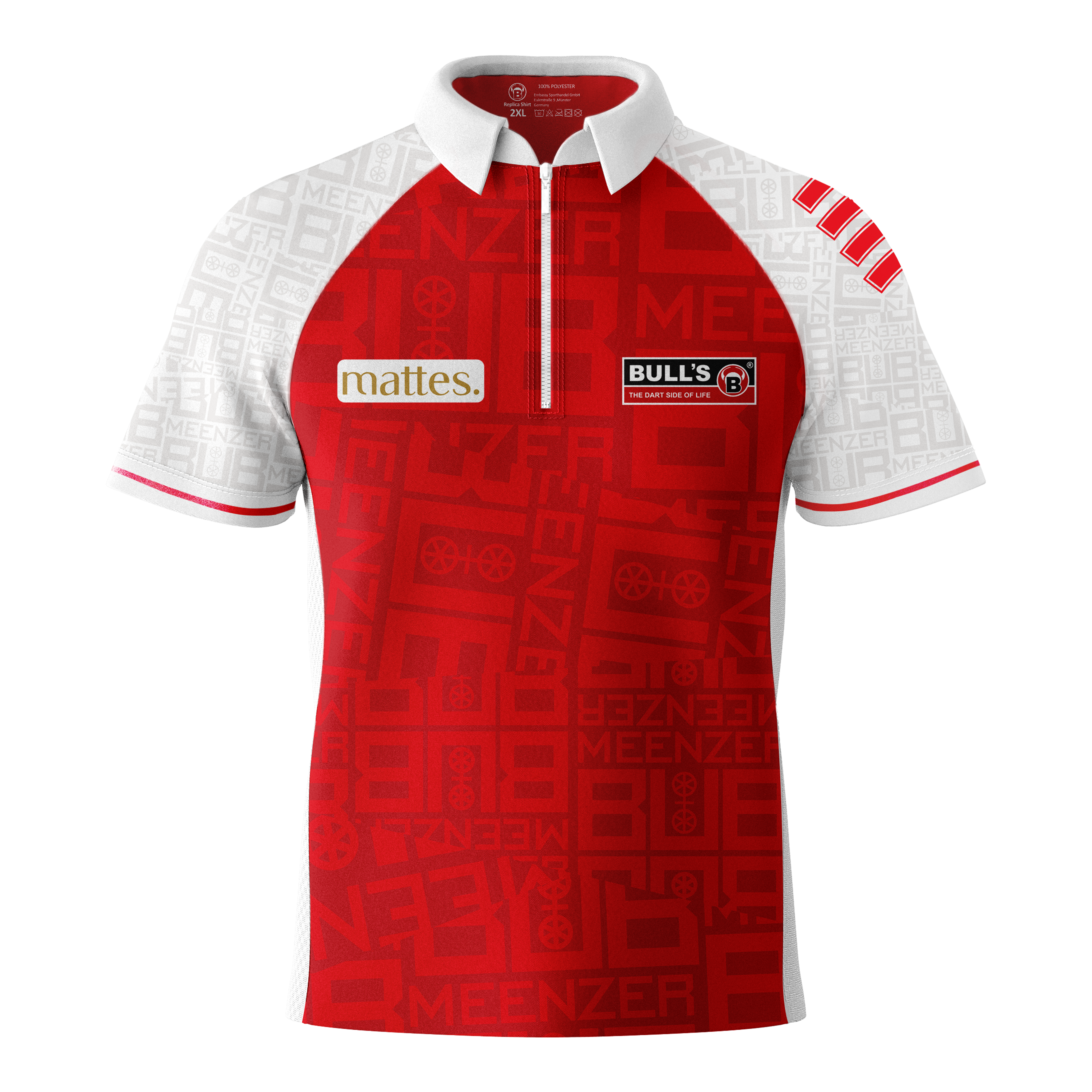 Koszulka Bulls Niko Springer Meenzer Bub Dart Das Bild zeigt das Bulls Niko Springer Meenzer Bub Dartshirt. Das Shirt ist rot-weiß mit verschiedenen Logos auf der Vorderseite.
